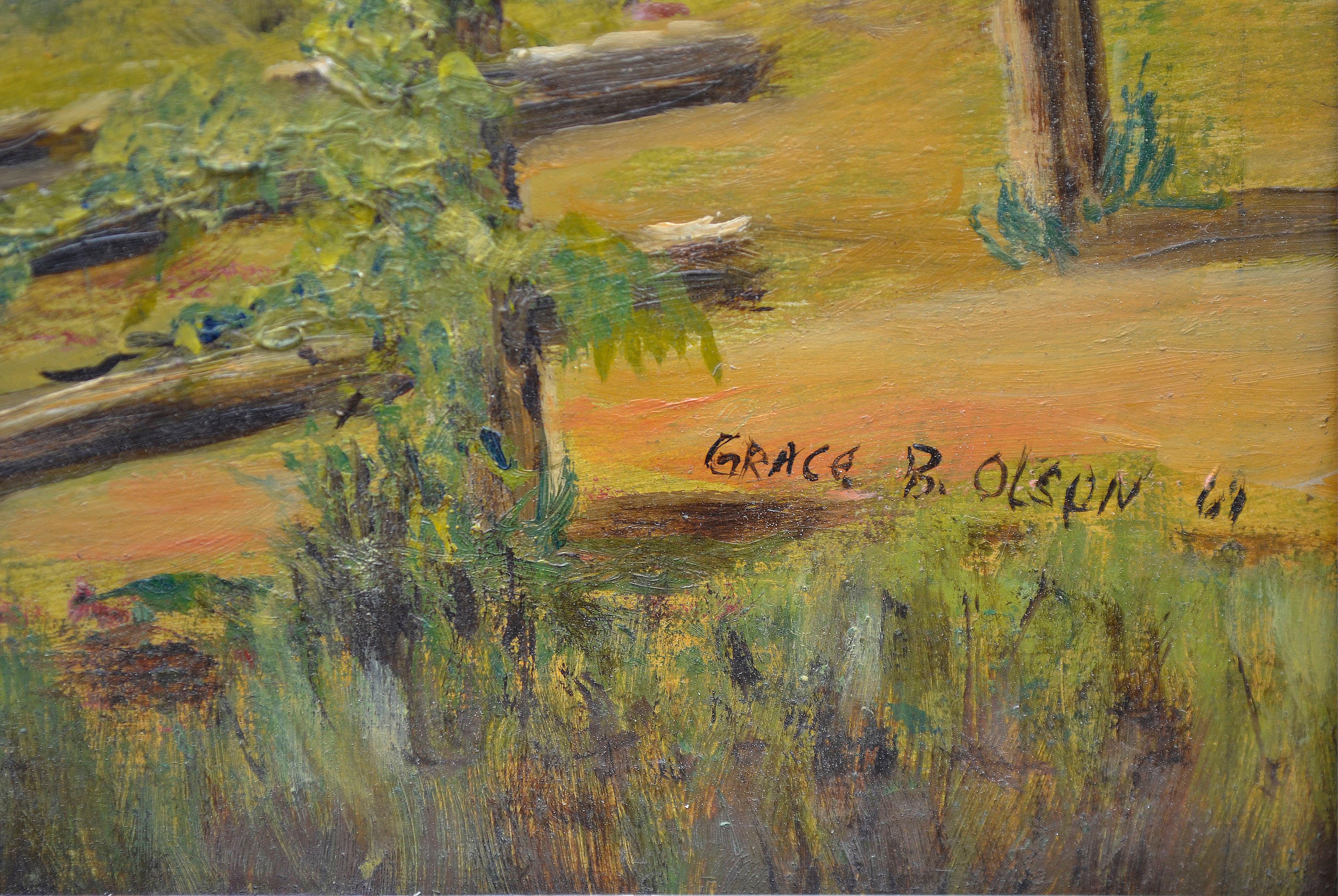 „Sommer am See“ – Figurative Landschaft aus der Mitte des Jahrhunderts (Braun), Figurative Painting, von Grace B. Olson