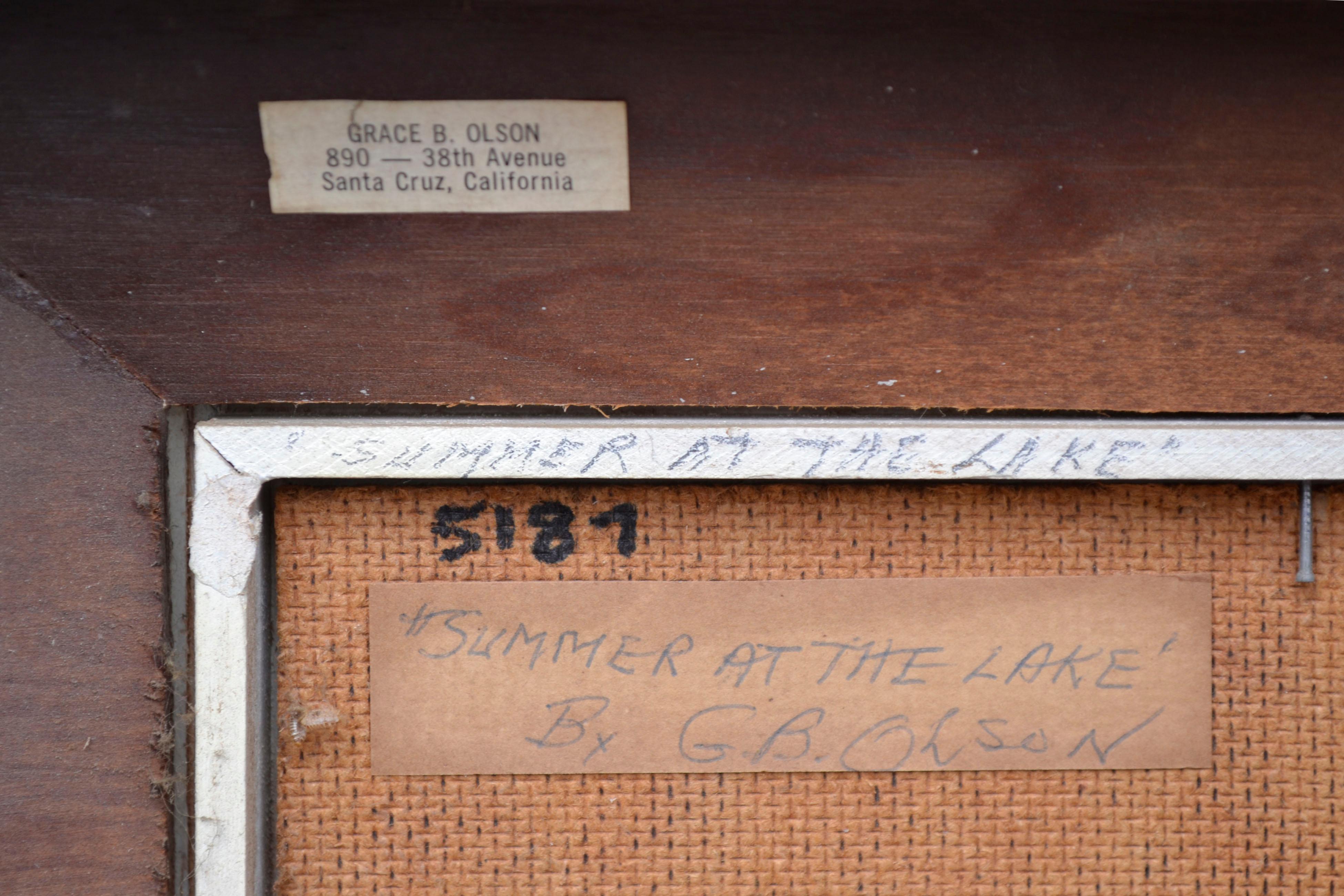 Figuratives Landschaftsgemälde aus der Mitte des Jahrhunderts mit Menschen, die den Sommer in einer rustikalen Hütte in der Nähe eines Bergsees genießen, von Grace B. Olson (Amerikanerin, 1889-1981) aus Santa Cruz, Kalifornien. Signiert und datiert