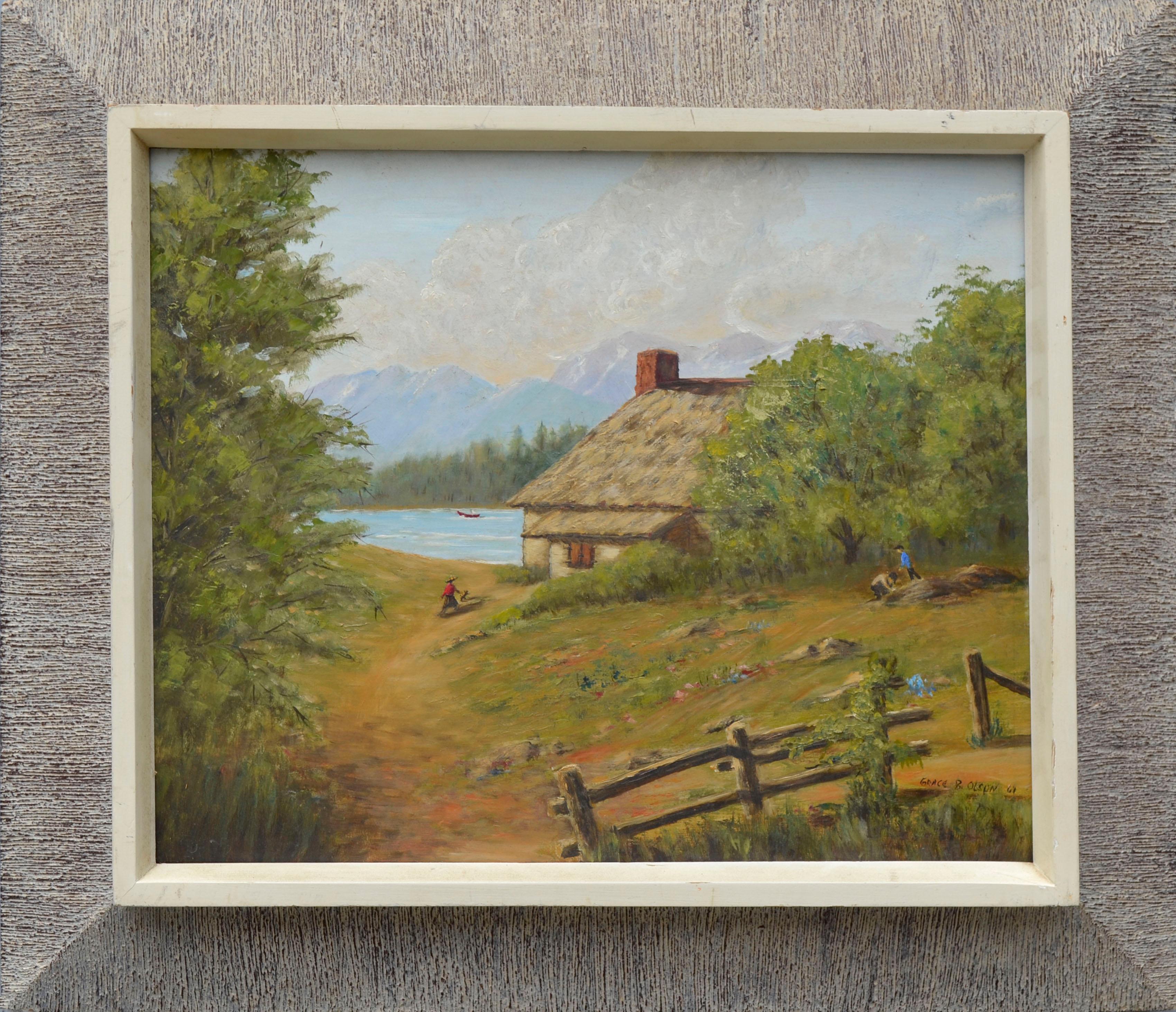 Grace B. Olson Figurative Painting - "Summer at the Lake" - Mid Century Figurative Landscape