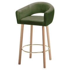 Taburete de bar Grace Green Paris Forest Tela y patas de madera con anillo de latón pulido