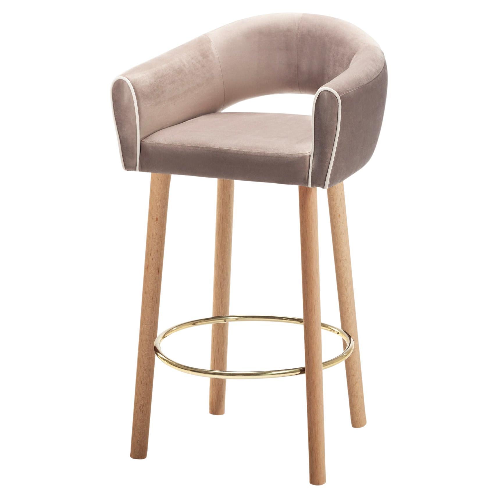 Grace Bar Stool Paris Mousse Fabric and Solid Wood Feet with Polished Brass Ring For Sale