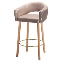 Grace Bar Stool Paris Mousse Fabric and Solid Wood Feet with Polished Brass Ring