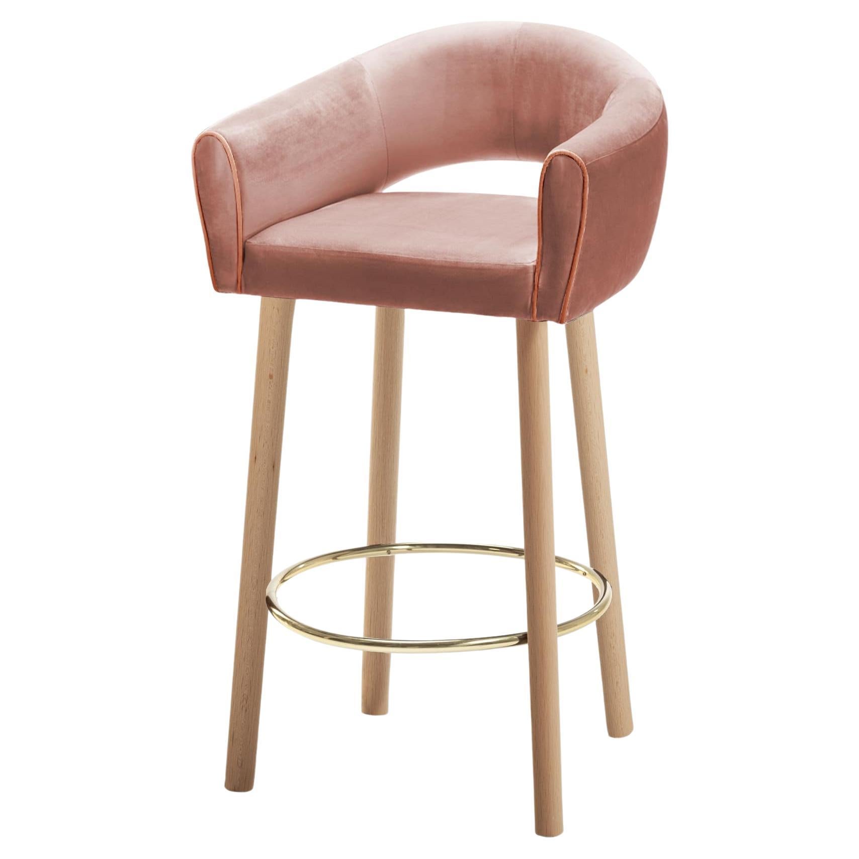 Grace Bar Stool Paris Salmon Fabric and Solid Wood Feet with Polished Brass Ring For Sale