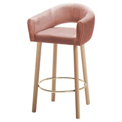 Grace Bar Stool Paris Salmon Fabric and Solid Wood Feet with Polished Brass Ring
