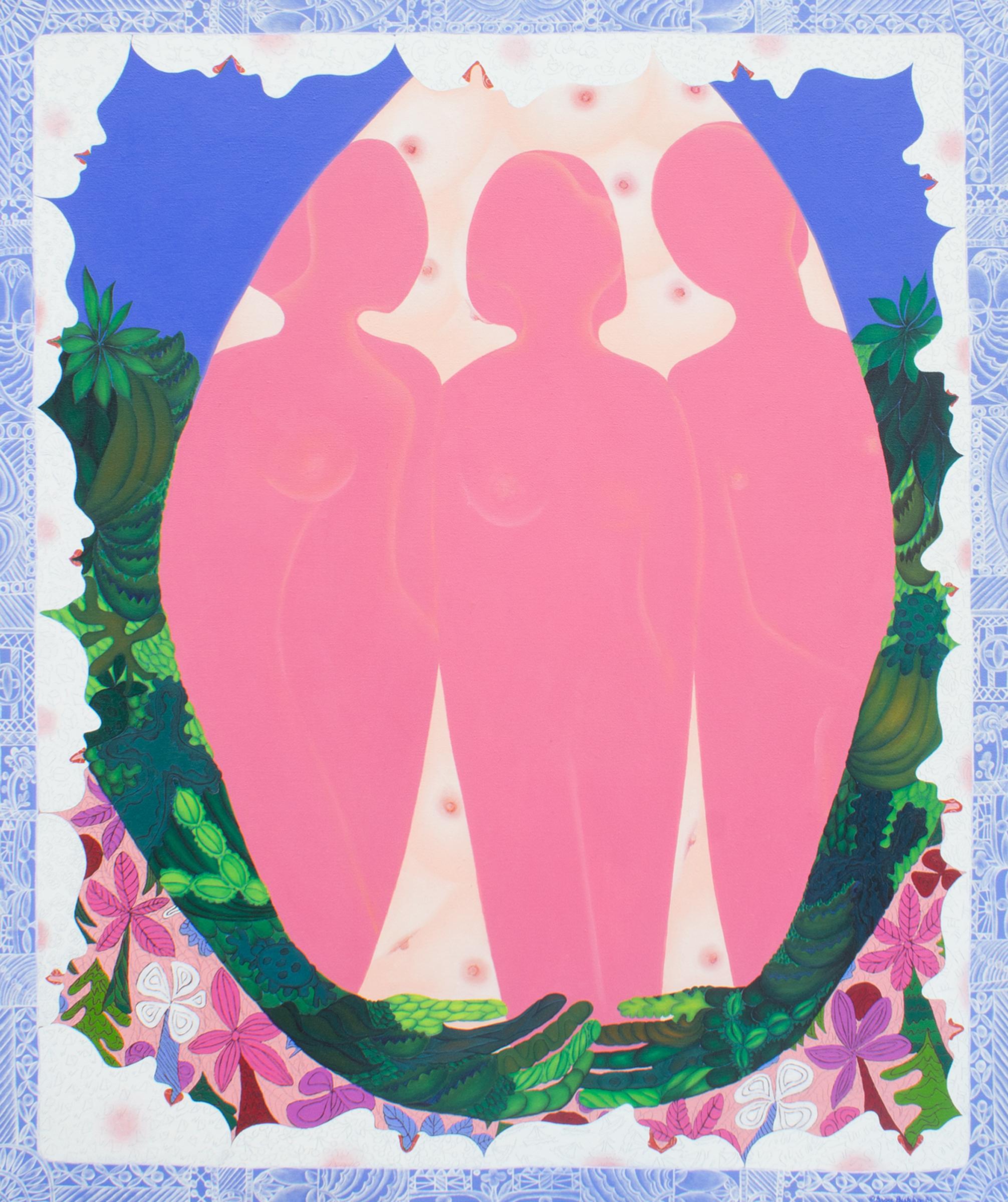 A 1981 oil on canvas painting by the American artist Grace Bishko. Titled Mother Ego and Her Pressure Cooker, this vibrant painting depicts three pink female figures at the center embraced two two arms formed from a sky above and a collection of