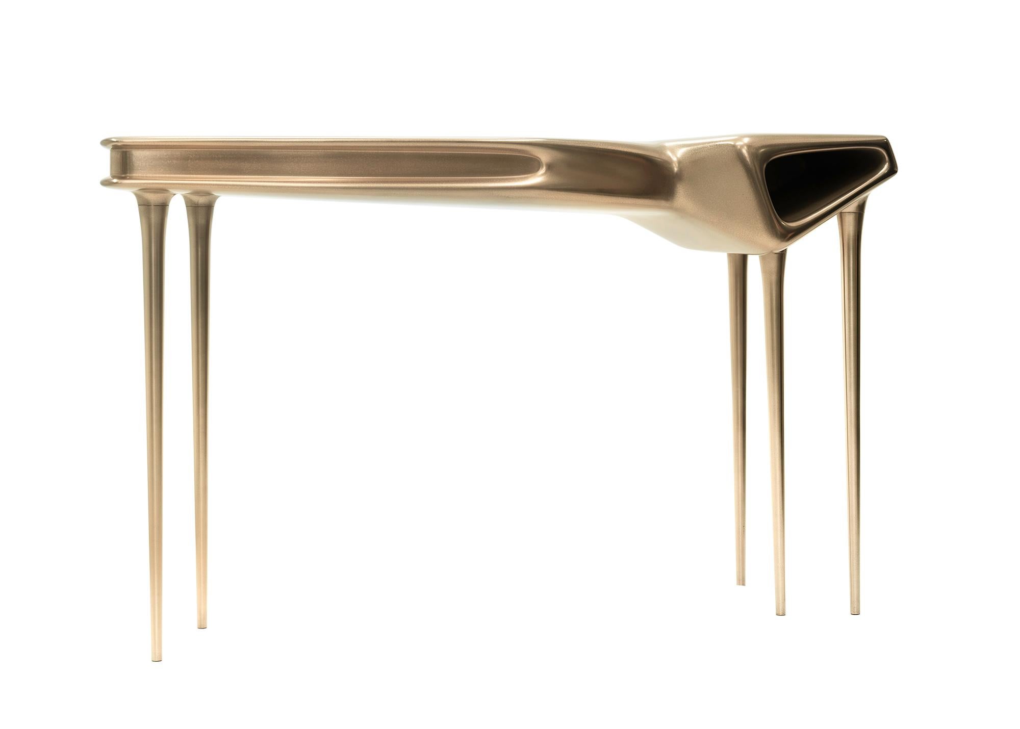GRACE Console - 21st century unique contemporary sculpted bronze console

Pleased to meet you, Your Grace…

The unique form of the Grace console design is masterfully accentuated with the innovative approach to its liquid metal bronze finish.