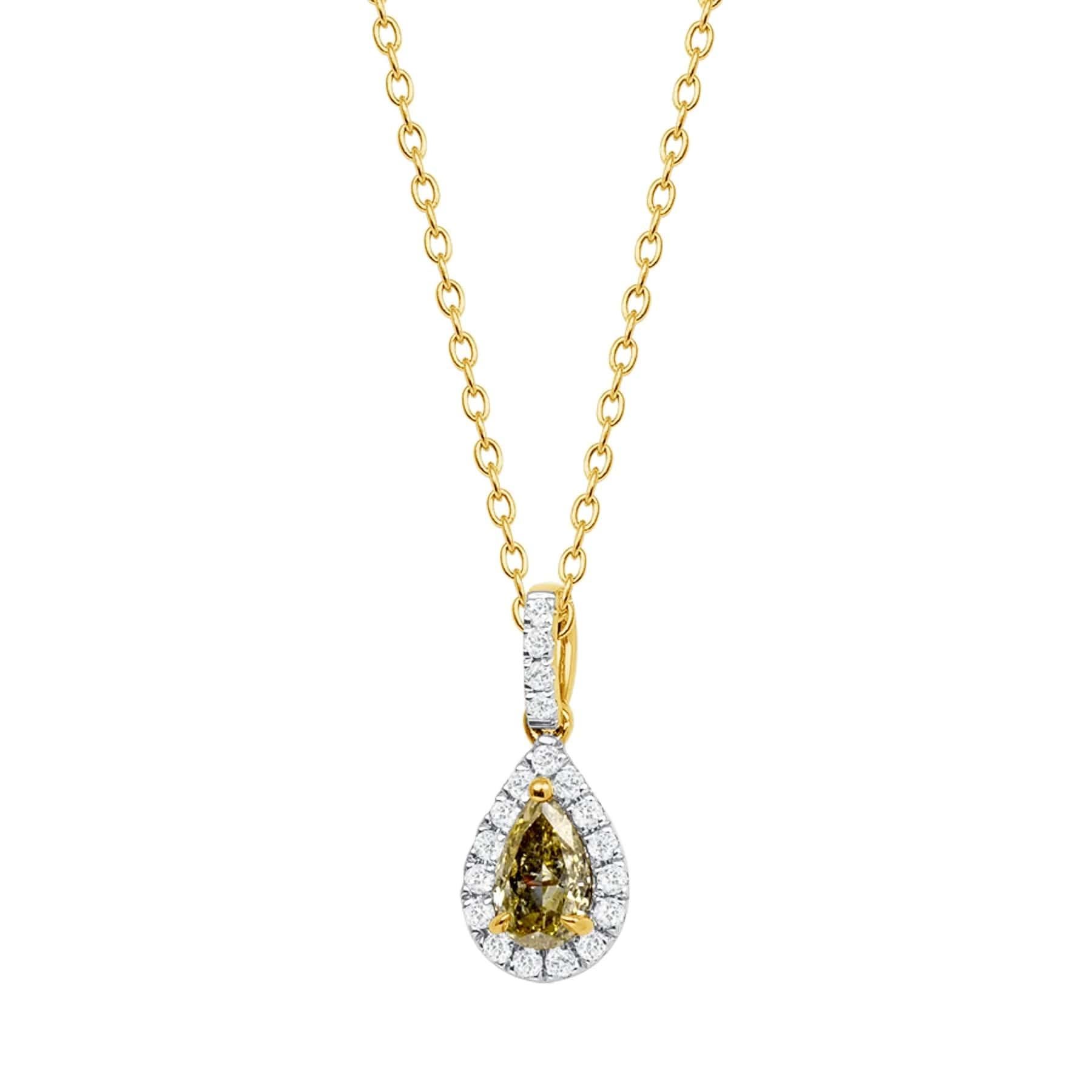 Ce collier Halo brillant en or 14k avec diamant jaune en forme de poire présente une pierre centrale en forme de poire accompagnée de petites pierres latérales en diamant rond, le tout serti en Halo dans un métal en or 14k. Cadeau idéal pour les