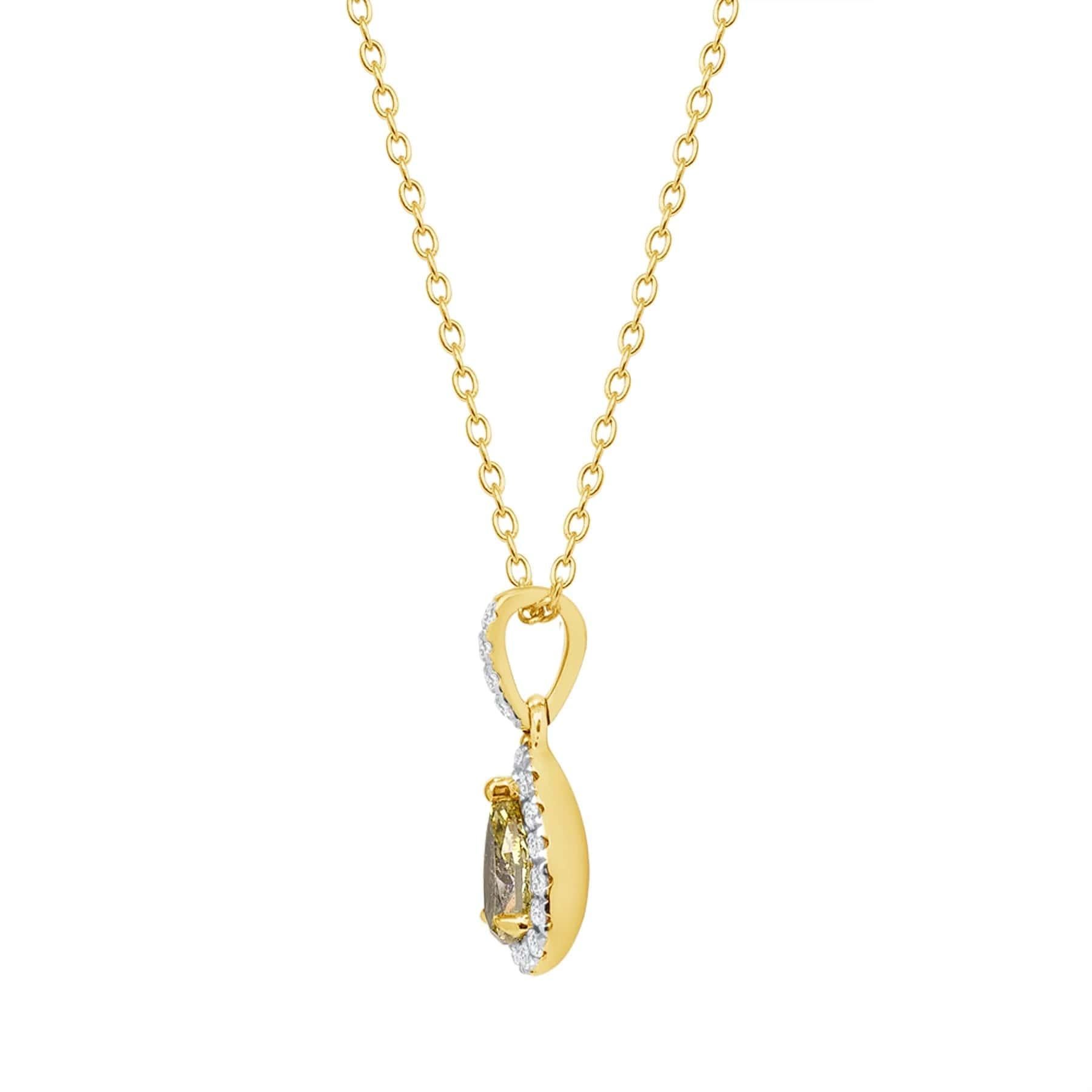 Moderne Collier poire jaune diamant en or 14K avec halo brillant en vente