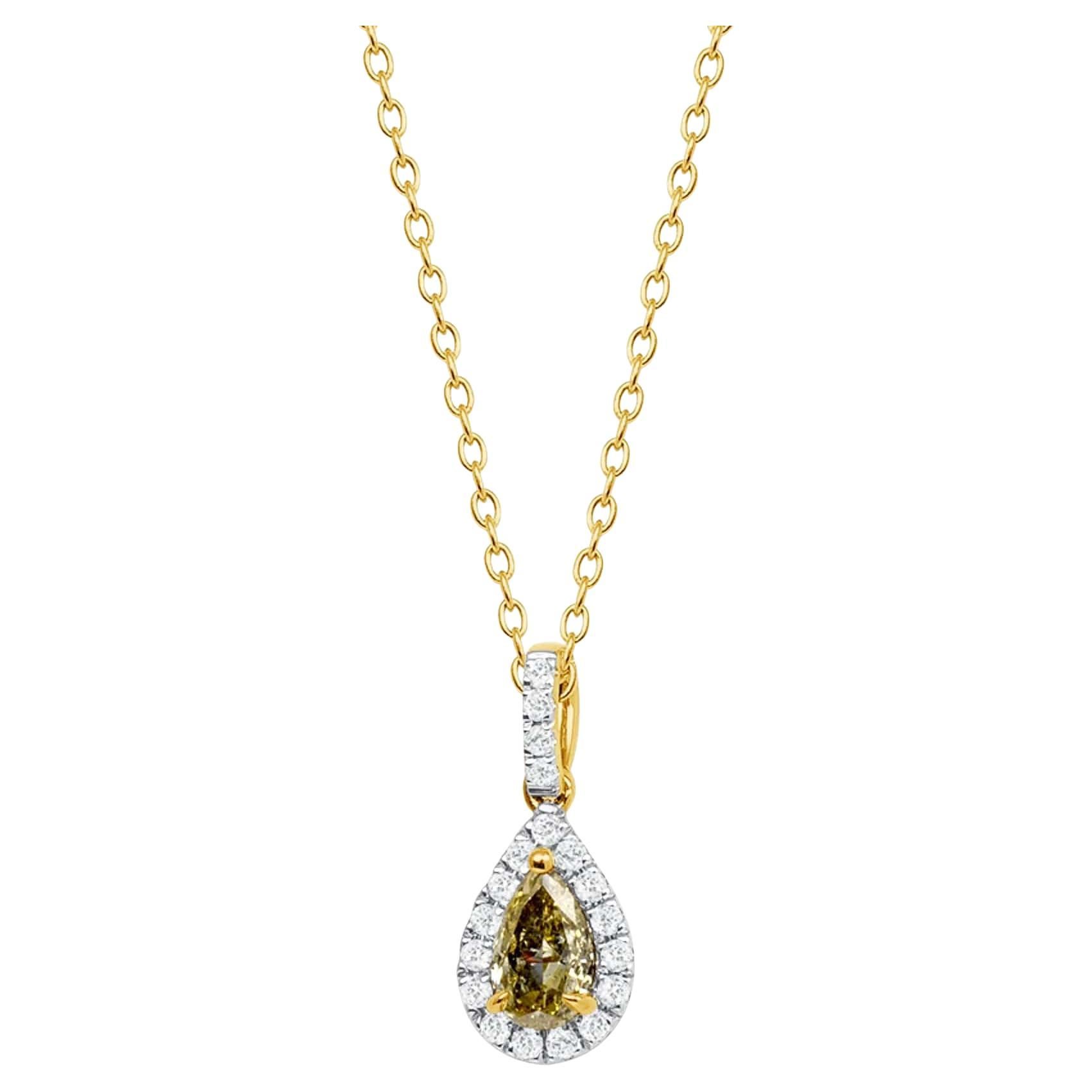 Pear Yellow Diamond 14K Gold Brilliant Halo Necklace