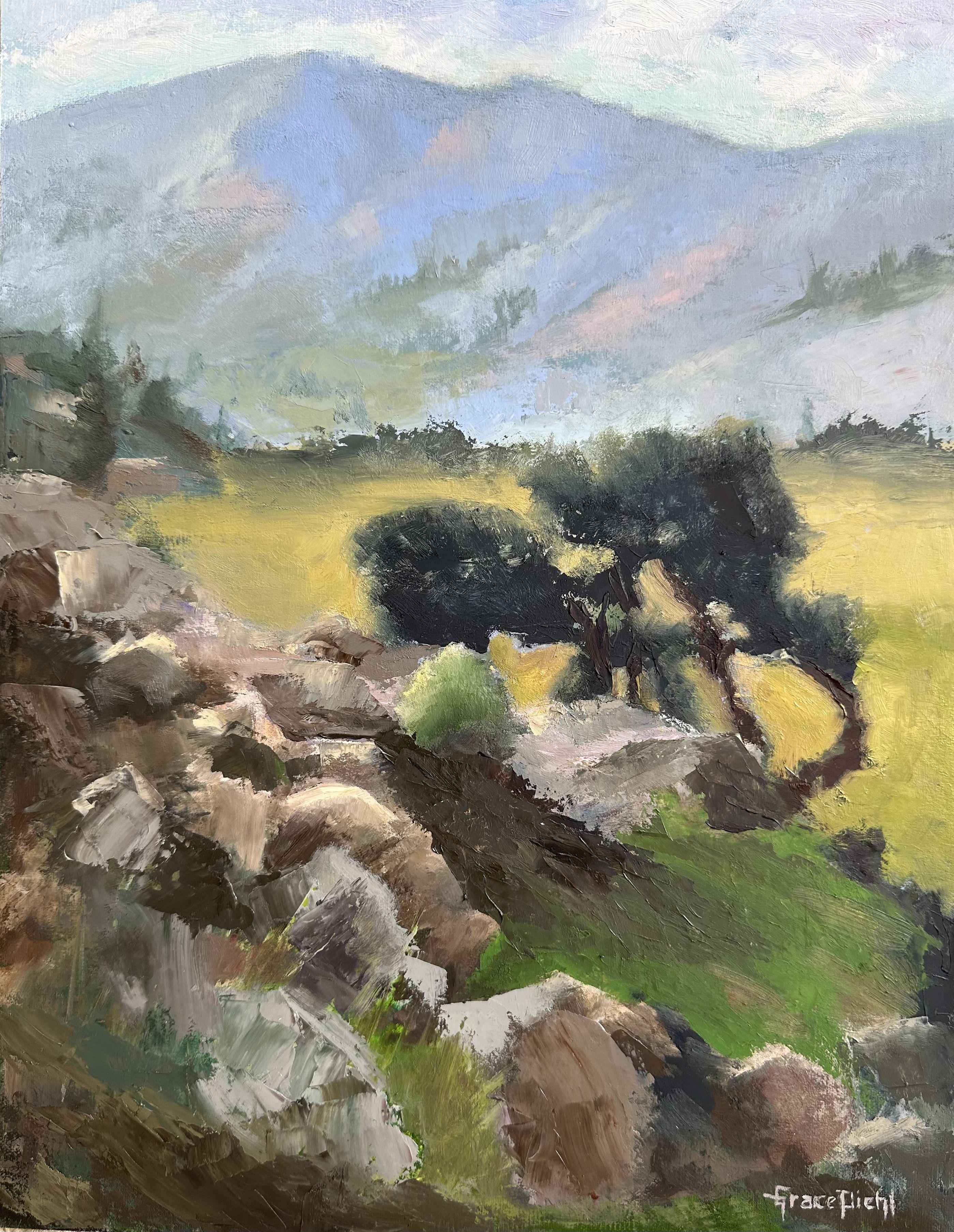 The state of California is home to some stunning mountain ranges and canyons that offer breathtaking scenery, especially when paired with beautiful clouds in the sky.   :: Painting :: Impressionist :: This piece comes with an official certificate of