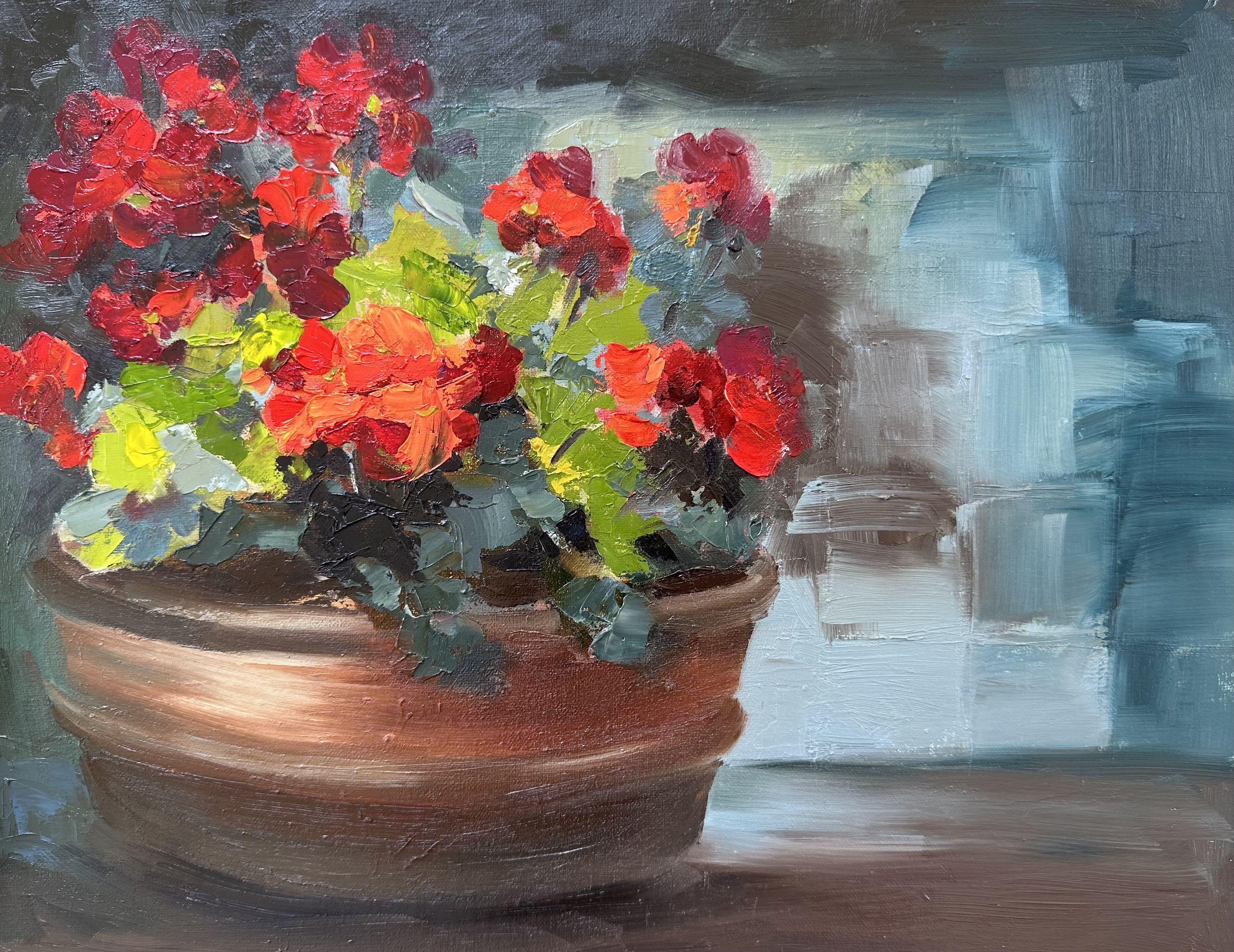 This is a Plein Air Study of burst of vibrant red Geraniums, completed in the Studio.        "Every flower is a soul blossoming in nature."    - Gerard De Nerval     :: Painting :: Impressionist :: This piece comes with an official certificate of