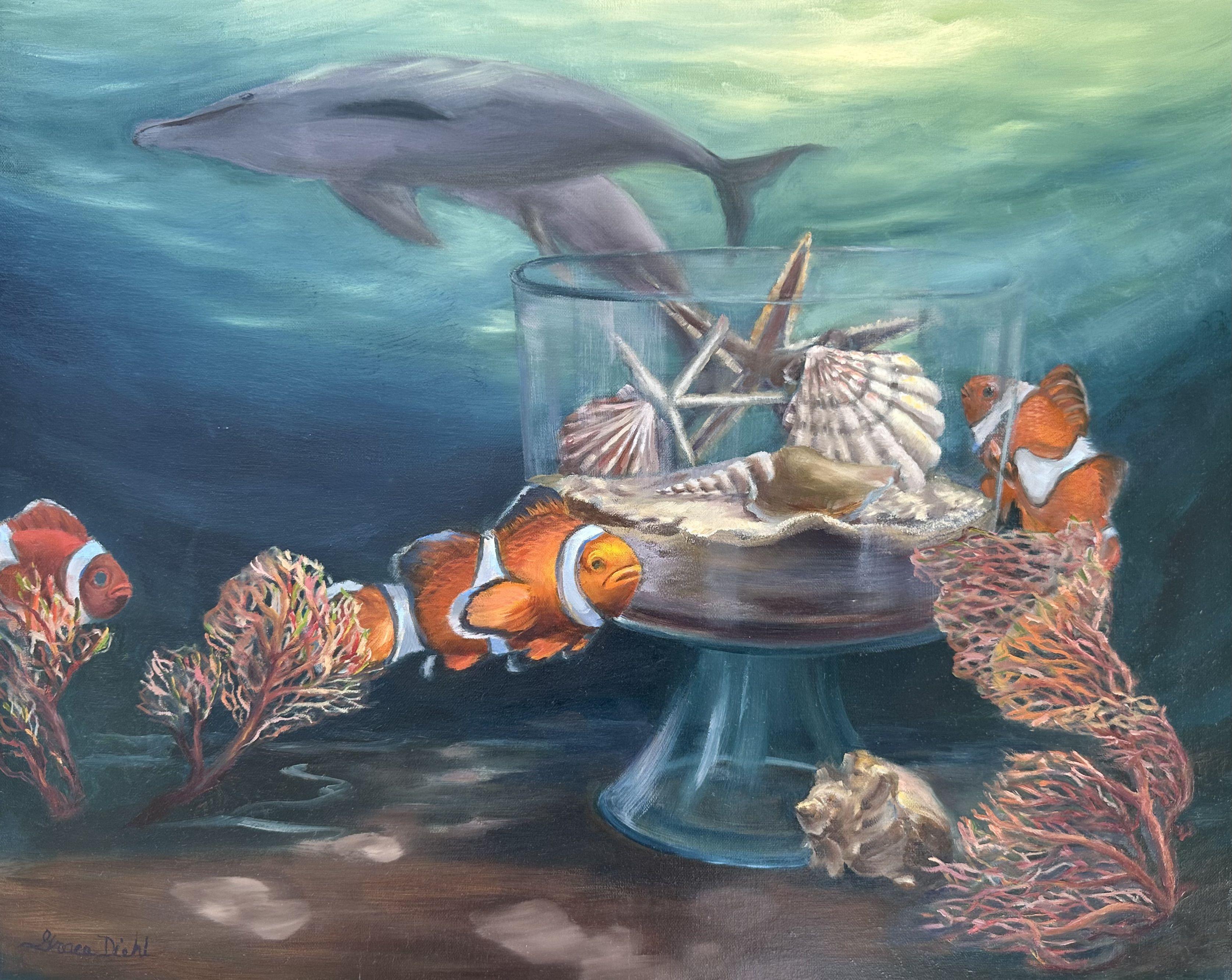 Grace Diehl Still-Life Painting – Surrealer Unterwasser- Zirkus, Gemälde, Öl auf Leinwand