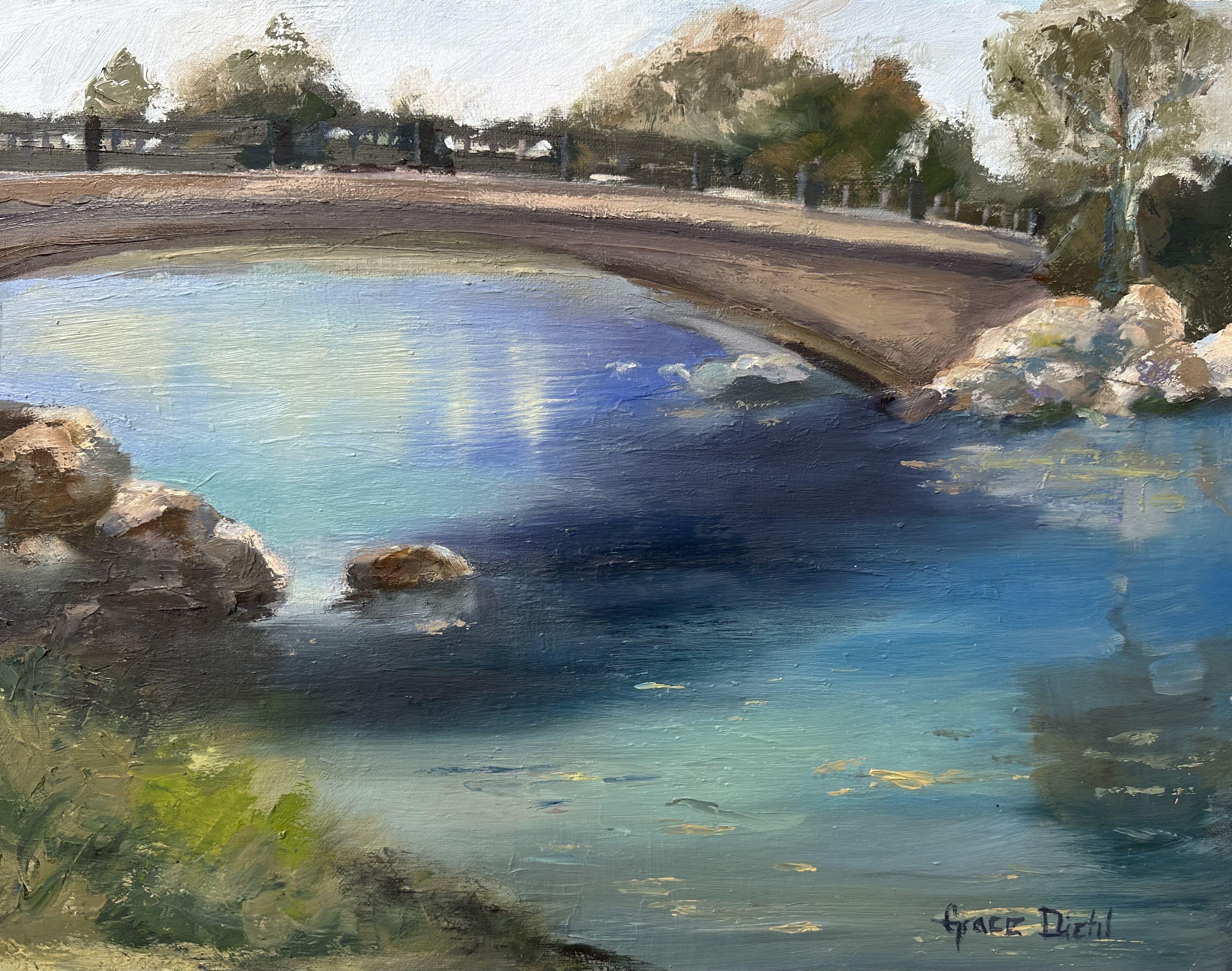This is the second time I've painted the Irvine Park bridge in oil during a plein air session. It's a lovely location that offers a serene and tranquil atmosphere, perfect for anyone looking for a peaceful place to relax and appreciate nature. ::