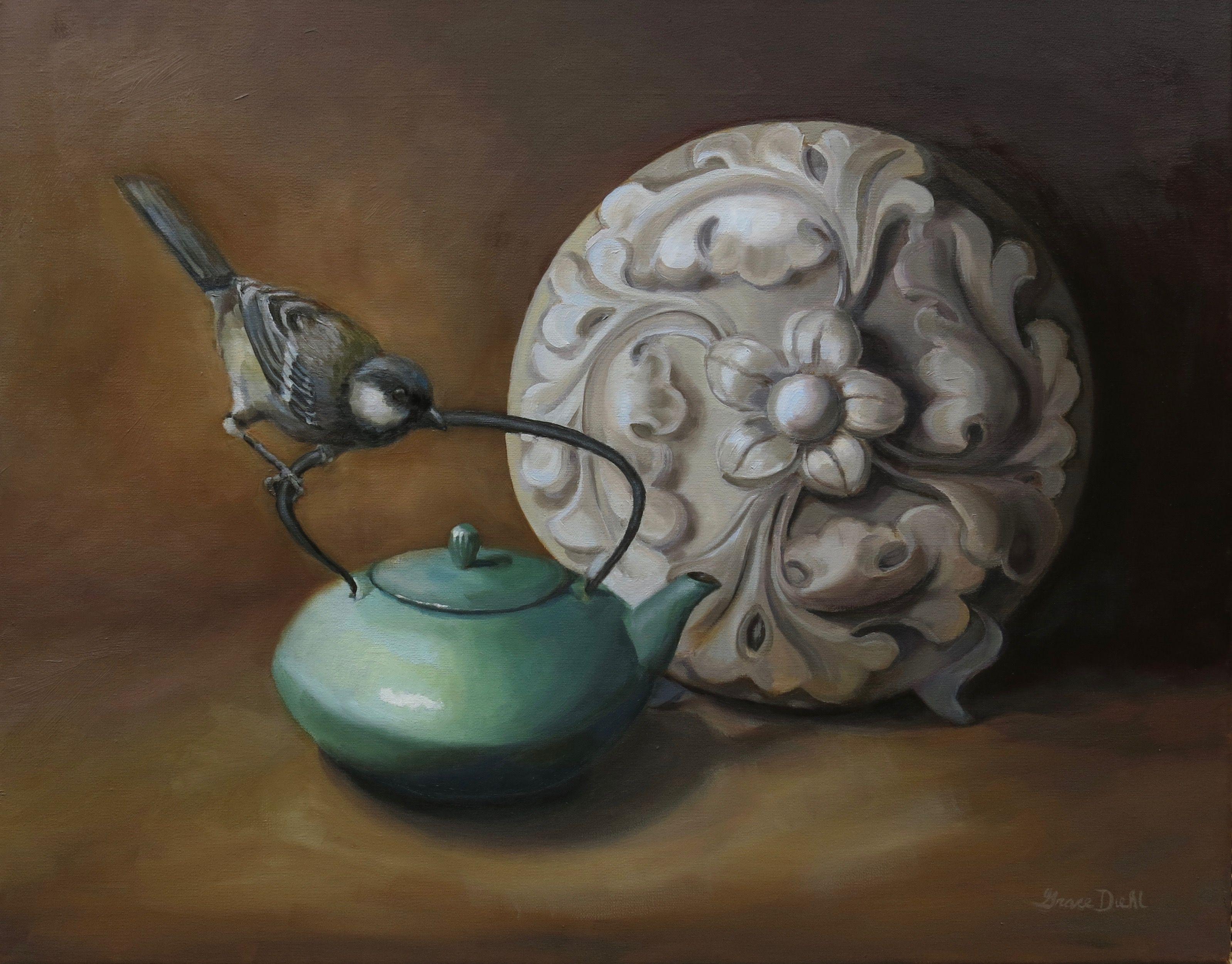 Grace Diehl Still-Life Painting - A Tranquil Teatime, Painting, Oil on Canvas