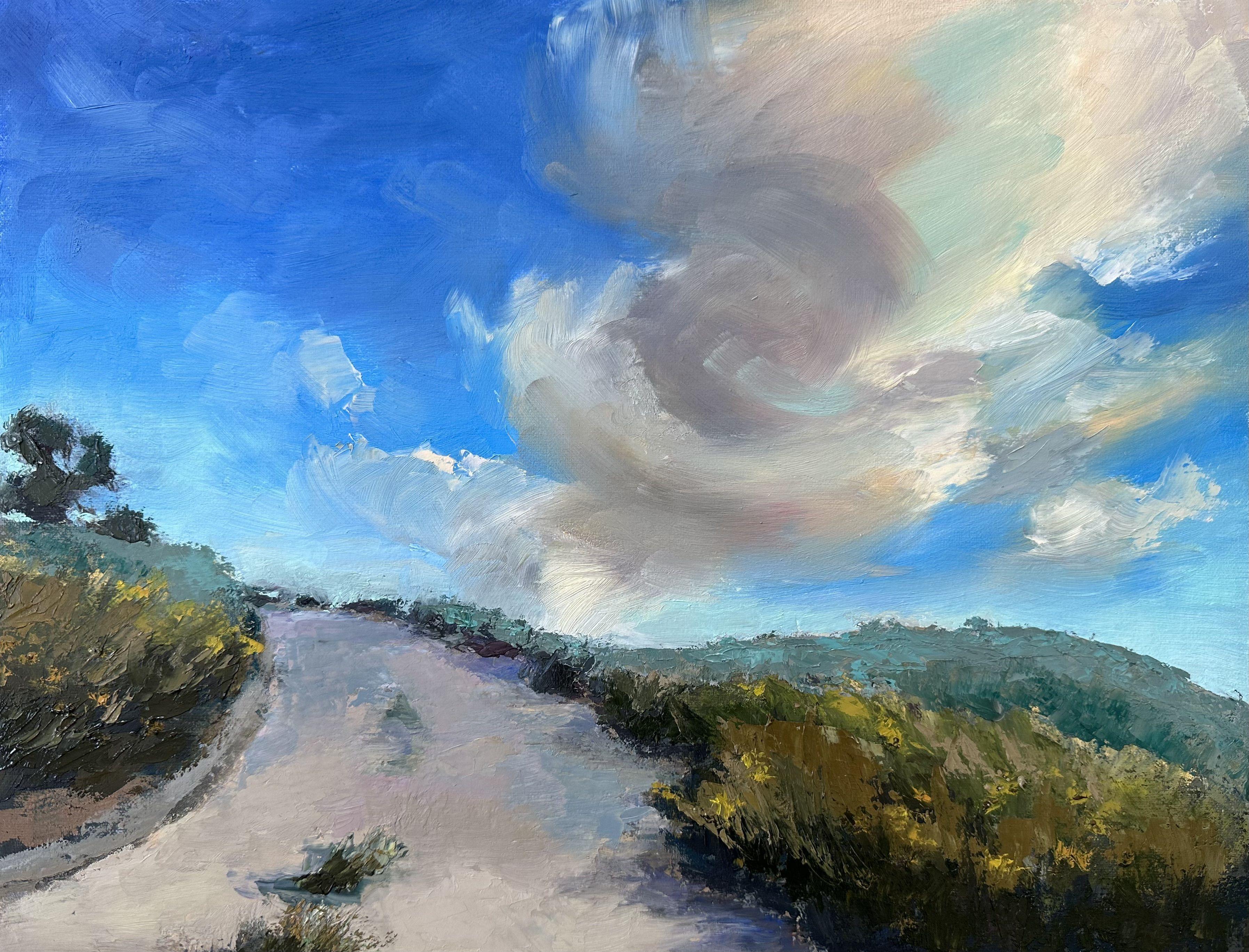 I wanted to capture the essence of a peaceful hiking trail with the added emphasis on the calming presence of the clouds. :: Painting :: Impressionist :: This piece comes with an official certificate of authenticity signed by the artist :: Ready to