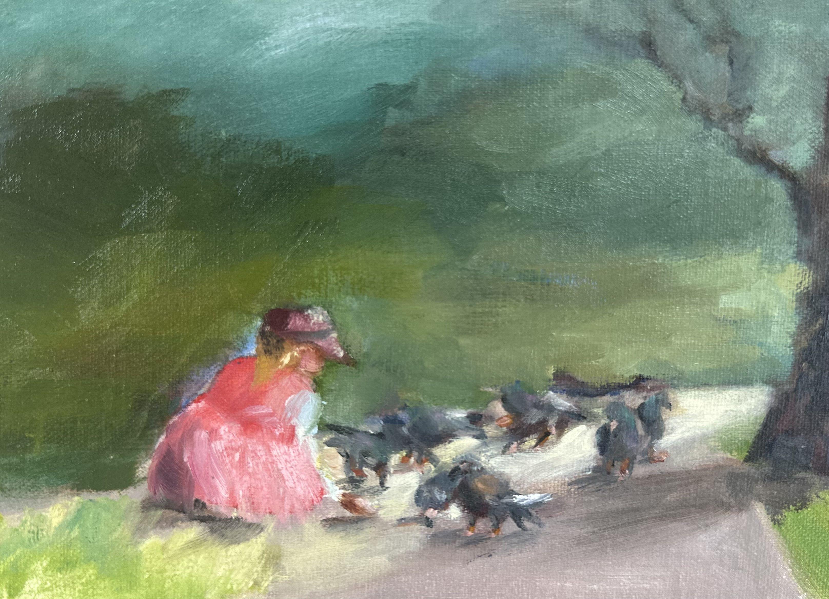 Dare da mangiare ai piccioni, Pittura, Olio su tela - Painting di Grace Diehl