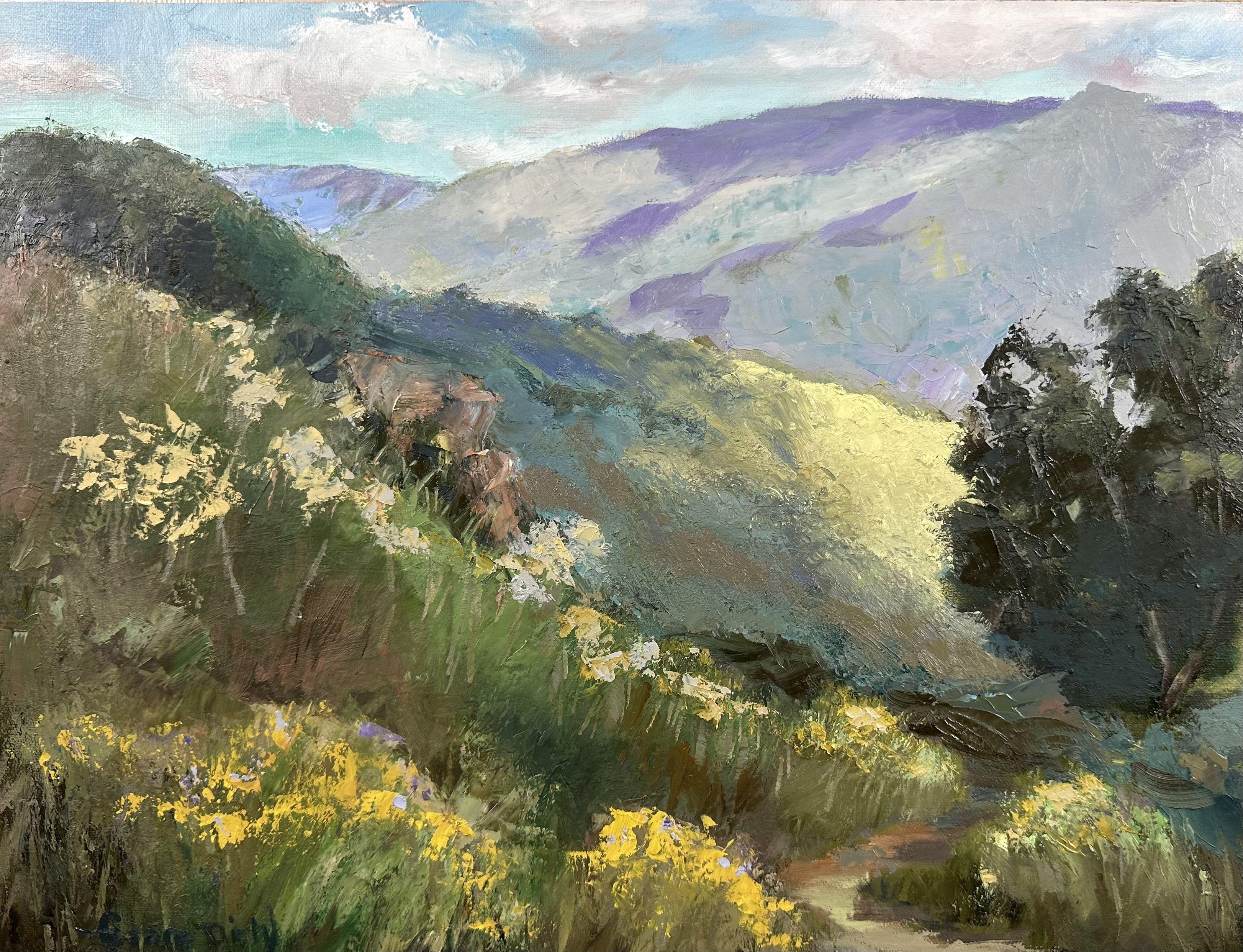 A Perfect Day for Hiking During the Super Bloom Season. :: Painting :: Impressionist :: This piece comes with an official certificate of authenticity signed by the artist :: Ready to Hang: Yes :: Signed: Yes :: Signature Location: front :: Canvas ::