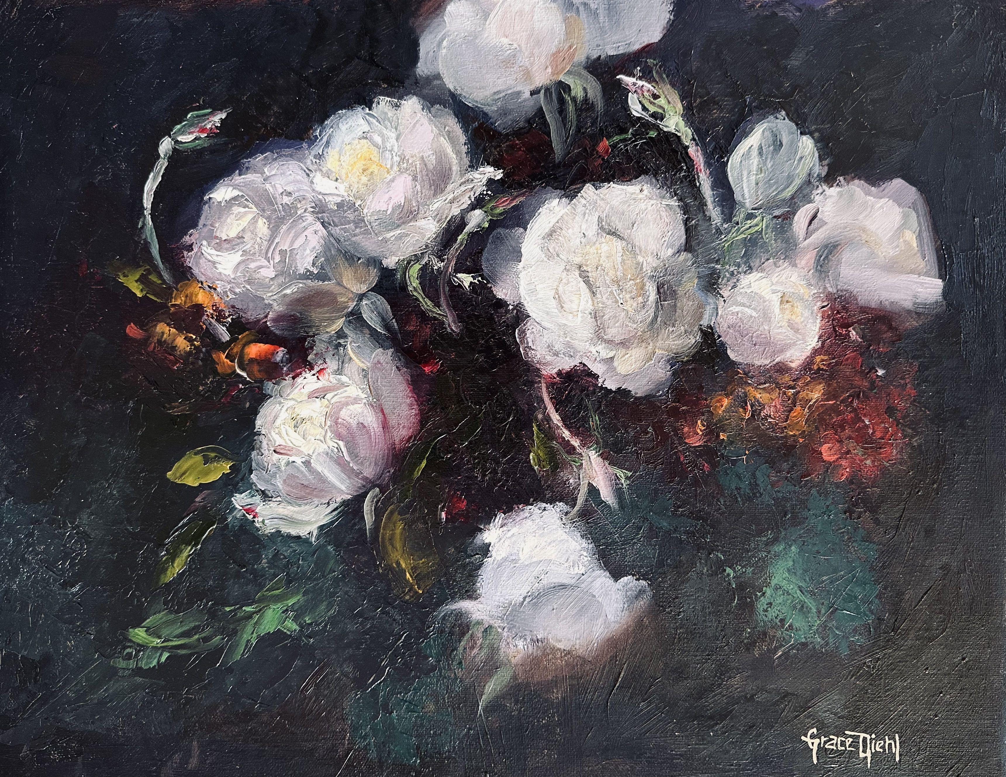 This is a studio painting of white wild roses and red geraniums arranged from life.  ******  "Nature is not only all that is visible to the eye... it also includes the inner pictures of the soul." - Edvard Munch :: Painting :: Impressionist :: This