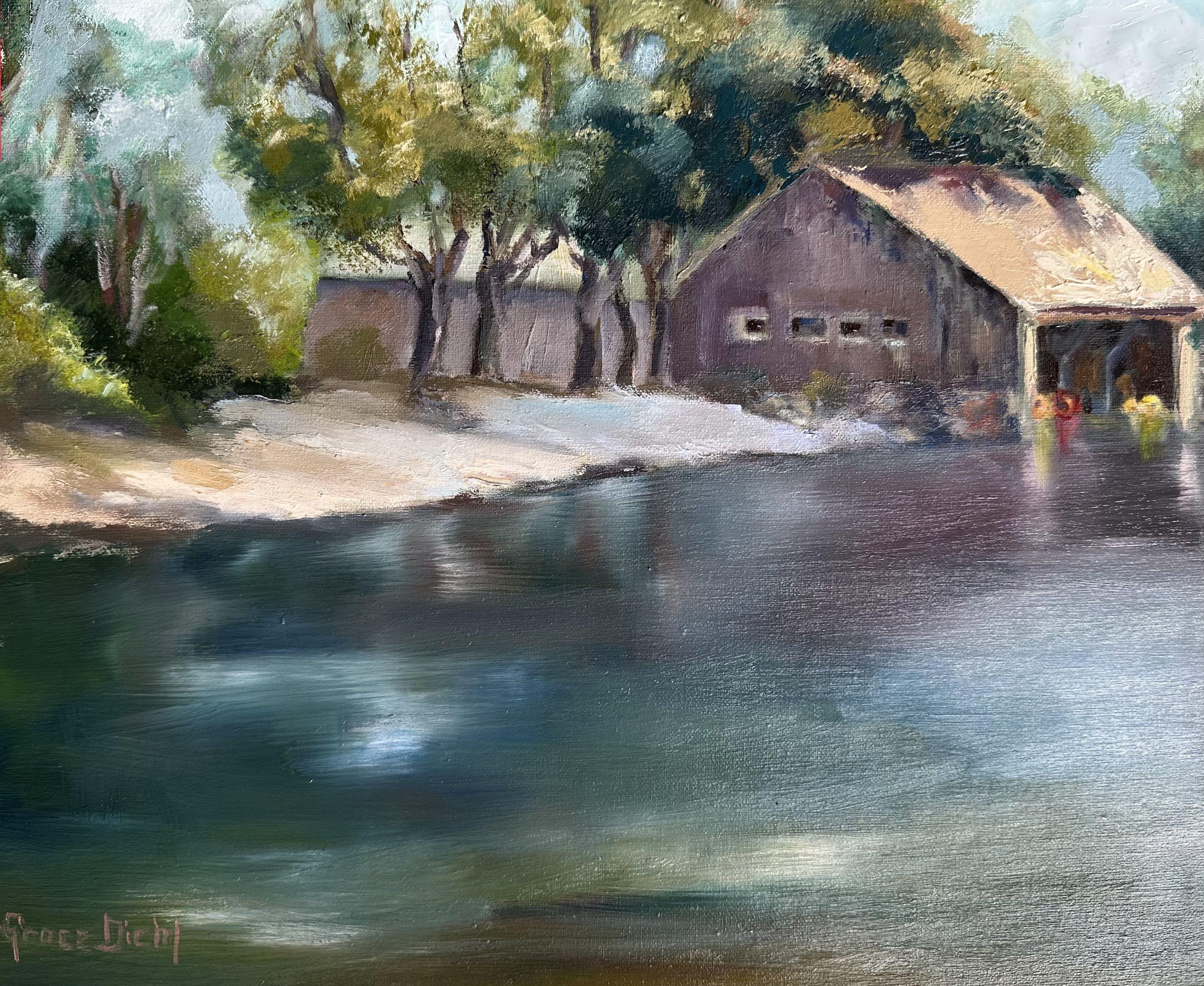 This is a painting I've done to depict the experience the serenity of nature at Irvine Regional Park's Boathouse. I wanted to the capture the tranquility of painting on that day en plein air of the Historic boathouse and the colorful aqua boats