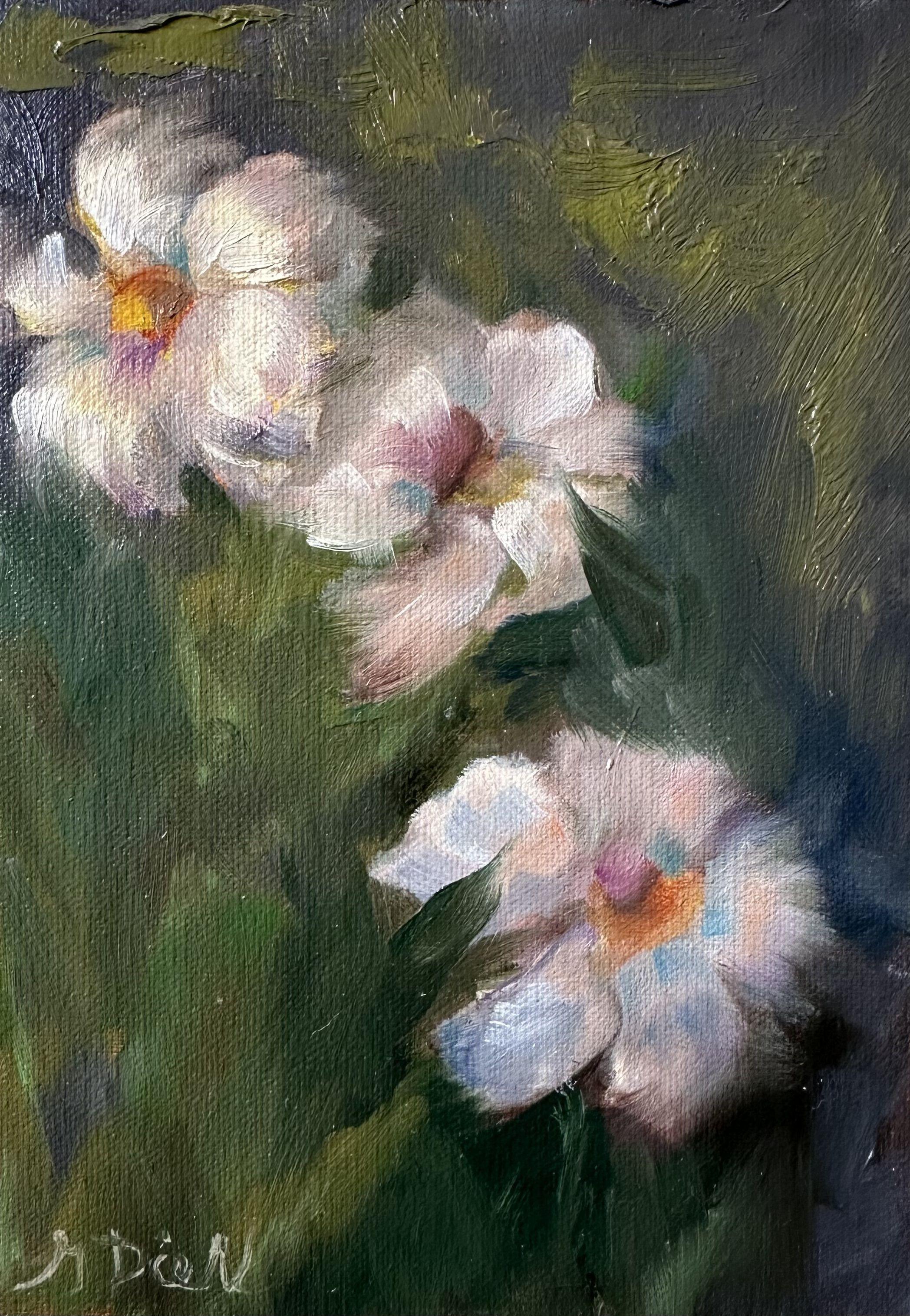 Piccoli fiori bianchi, Pittura, Olio su tela - Painting di Grace Diehl