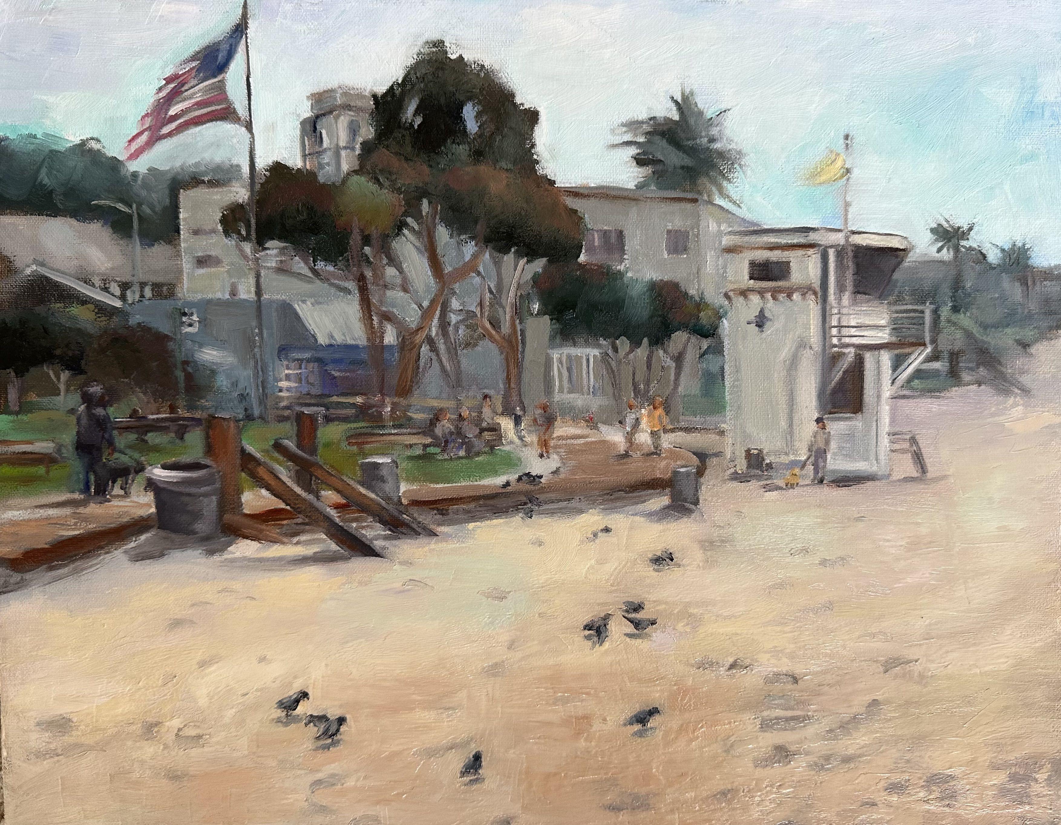 The painting depicts the vibrant atmosphere of Main Beach in Laguna with its bustling crowds and lively energy. It invites the viewer to take a walk along the shore and immerse themselves in the lively atmosphere of Main Beach in Laguna. :: Painting