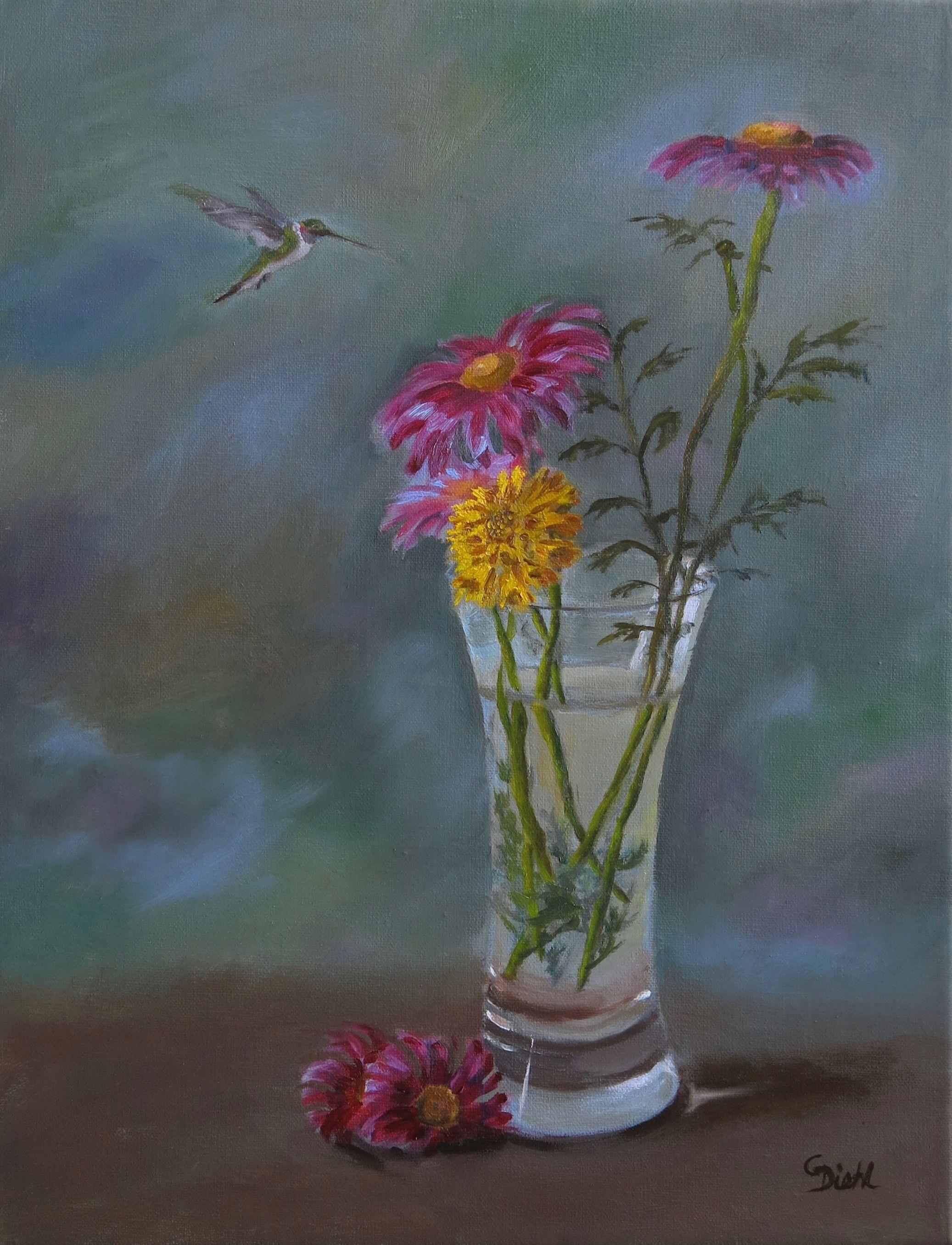 These floral are from my garden. I've placed a yellow Coreopsis flower amongst some painted daisies. A hummingbird has gone to inspect them. It has been painted on a linen stretched canvas in oil paints. This painting won the Special Merit Award in
