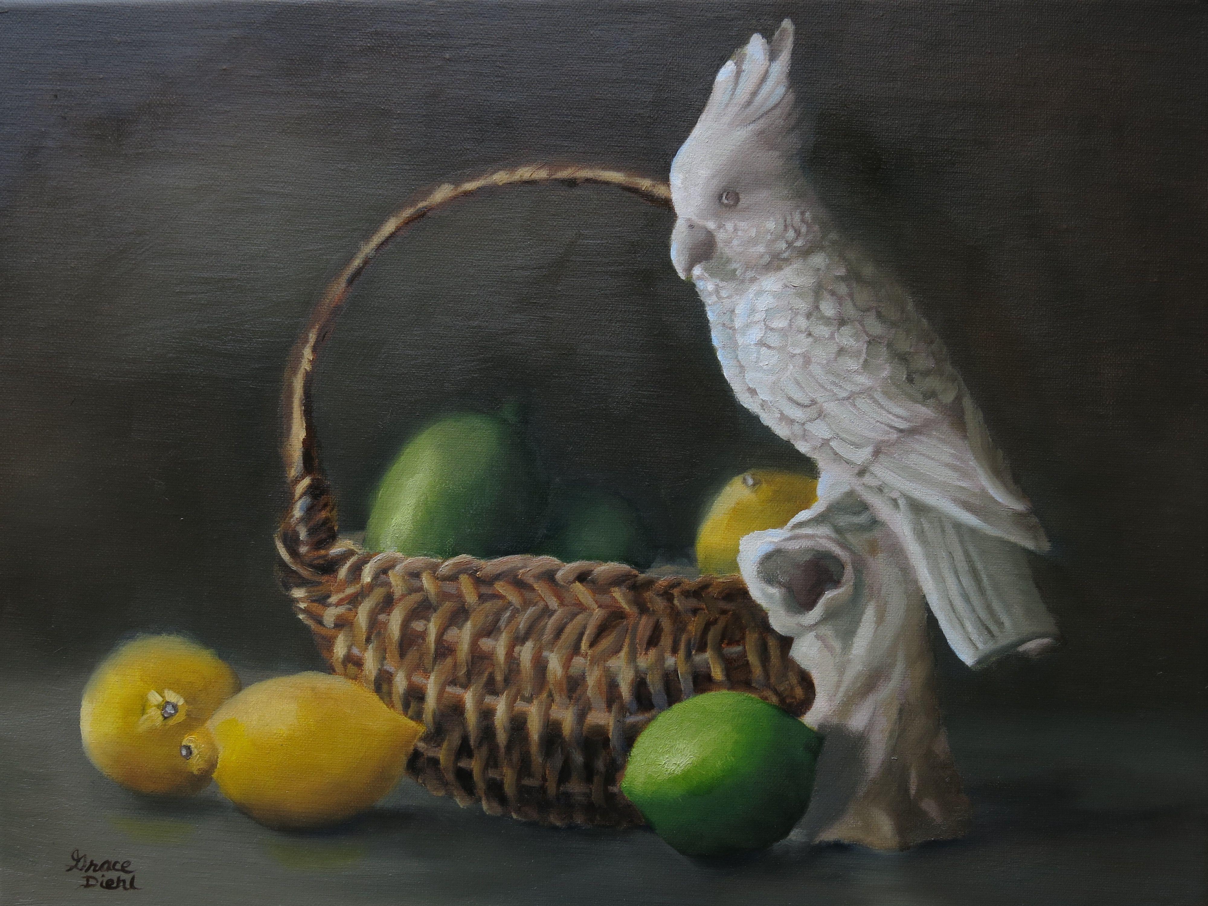 Parrot mit Citrus, Gemälde, Öl auf Leinwand