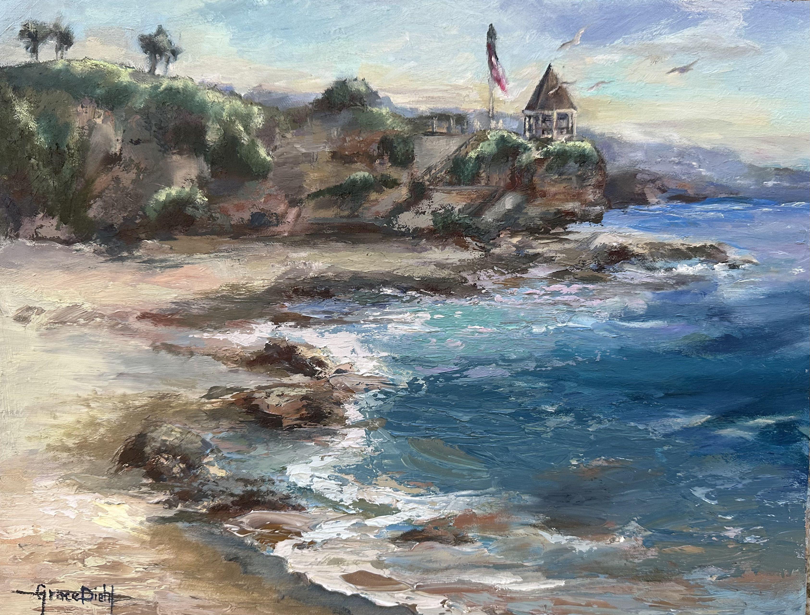 The beach at Shawâ€™s Cove is where I did this painting, en plein aire. Shaw's Cove is situated on the beach in Laguna Beach, CA. It is a small sandy beach that is popular among locals. Scuba divers and snorkelers frequently visit Shaw's Cove, and