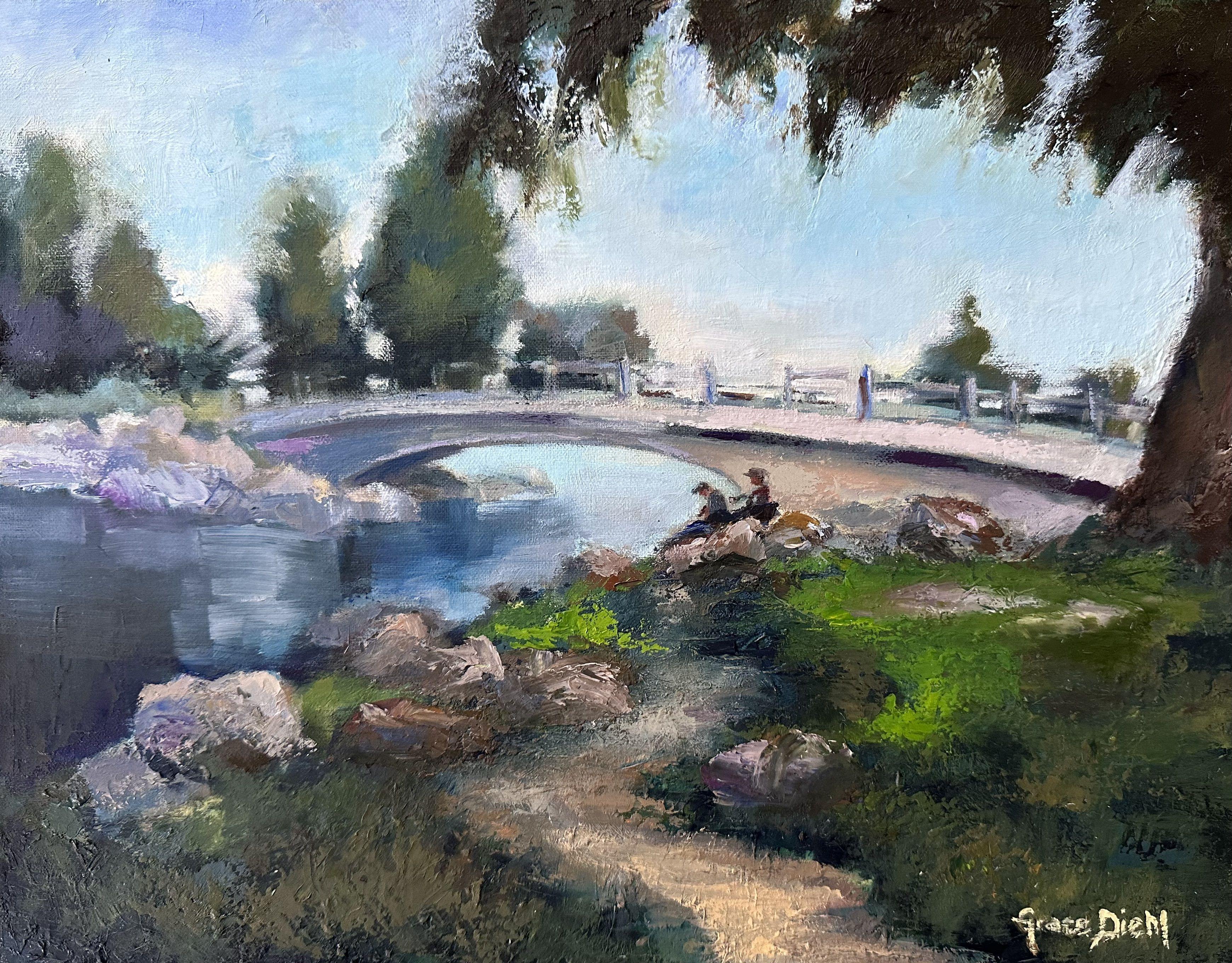 As a fine artist, I love to find peaceful moments in the world around me and capture them in my paintings. One such moment that I recently painted was during a bike ride with my family, when we stopped at a park for a break.  The scene was a quiet