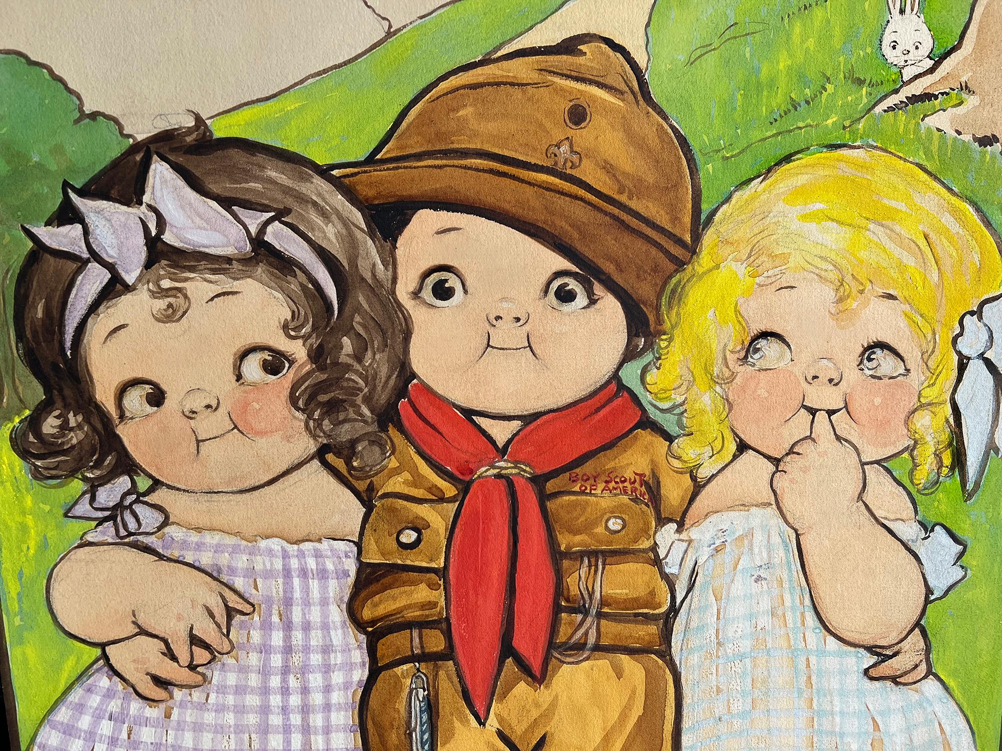 Three Rosy Cheek Children - Children Book Illustration.  Female Illustrator - Painting by Grace Drayton