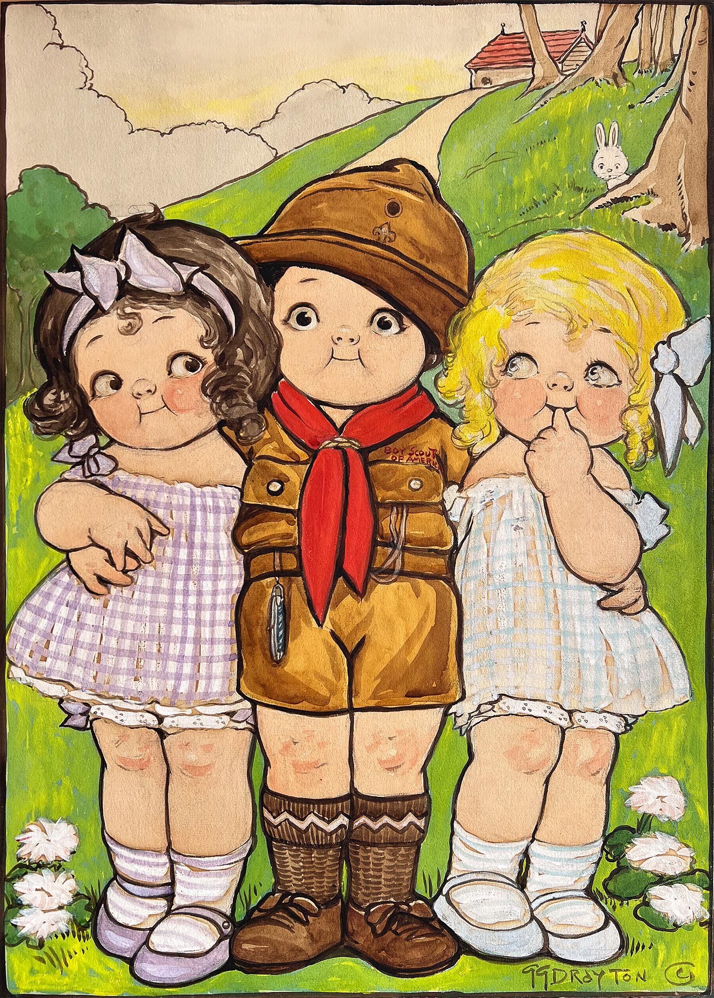 Grace Drayton Portrait Painting - Three Rosy Cheek Children - Children Book Illustration.  Female Illustrator 