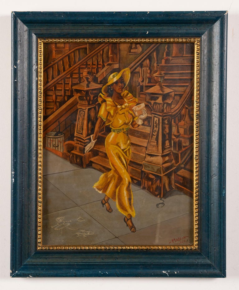 Vintage modernist cityscape oil painting with a young woman walking.  Oil on board, circa 1956.  Signed.  Image size, 12L x 16H.  Housed in a wood  frame.