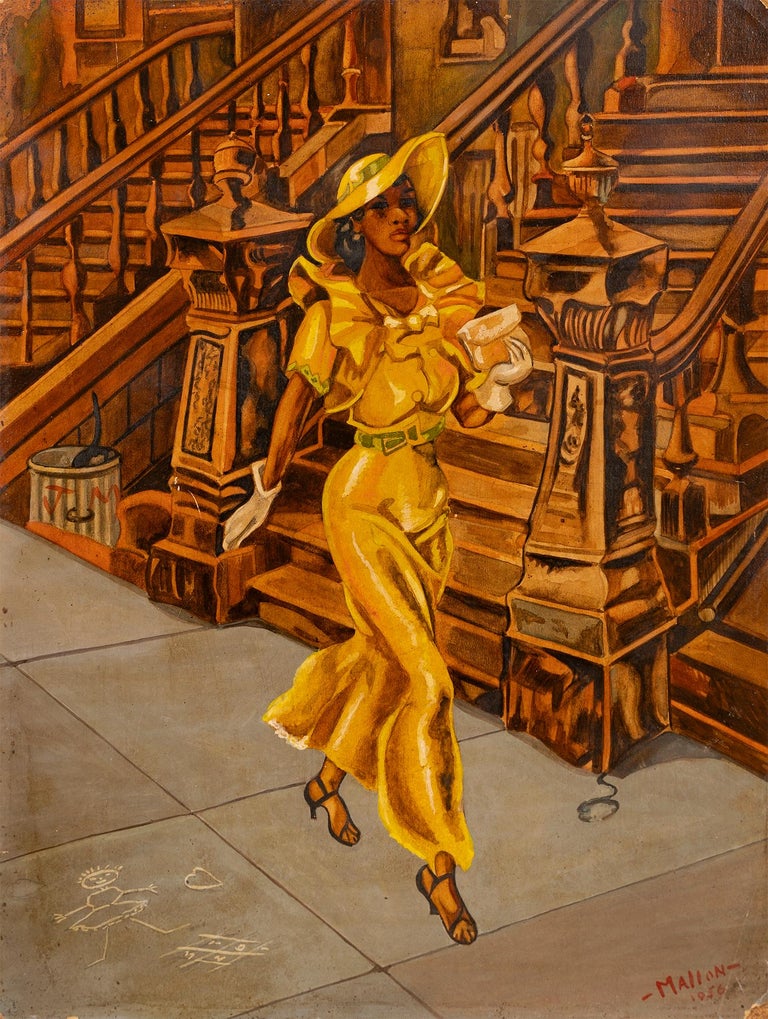 Vintage New York City Street Scene WPA Woman Walking Portrait  Oil Painting For Sale 1