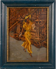 Vintage New York City Street Scene WPA Woman Walking Portrait Oil Painting