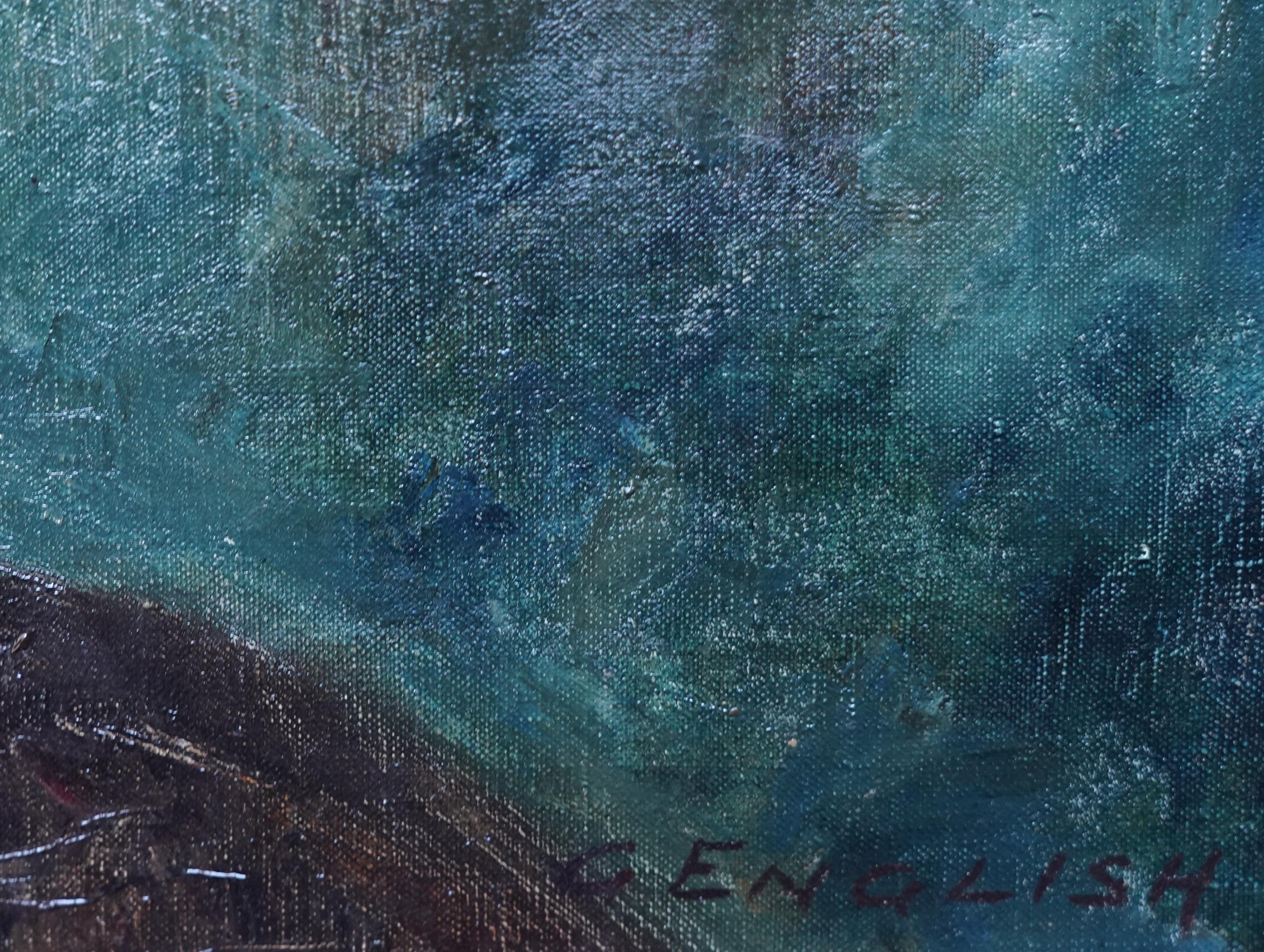 Fleurs dans un vase bleu - peinture à l'huile de nature morte florale des années 30 de l'école Slade britannique en vente 6