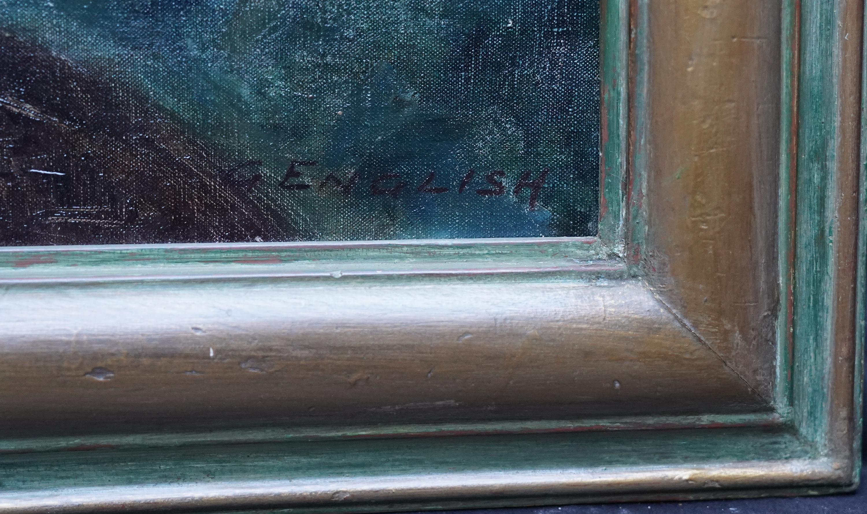 Fleurs dans un vase bleu - peinture à l'huile de nature morte florale des années 30 de l'école Slade britannique en vente 7