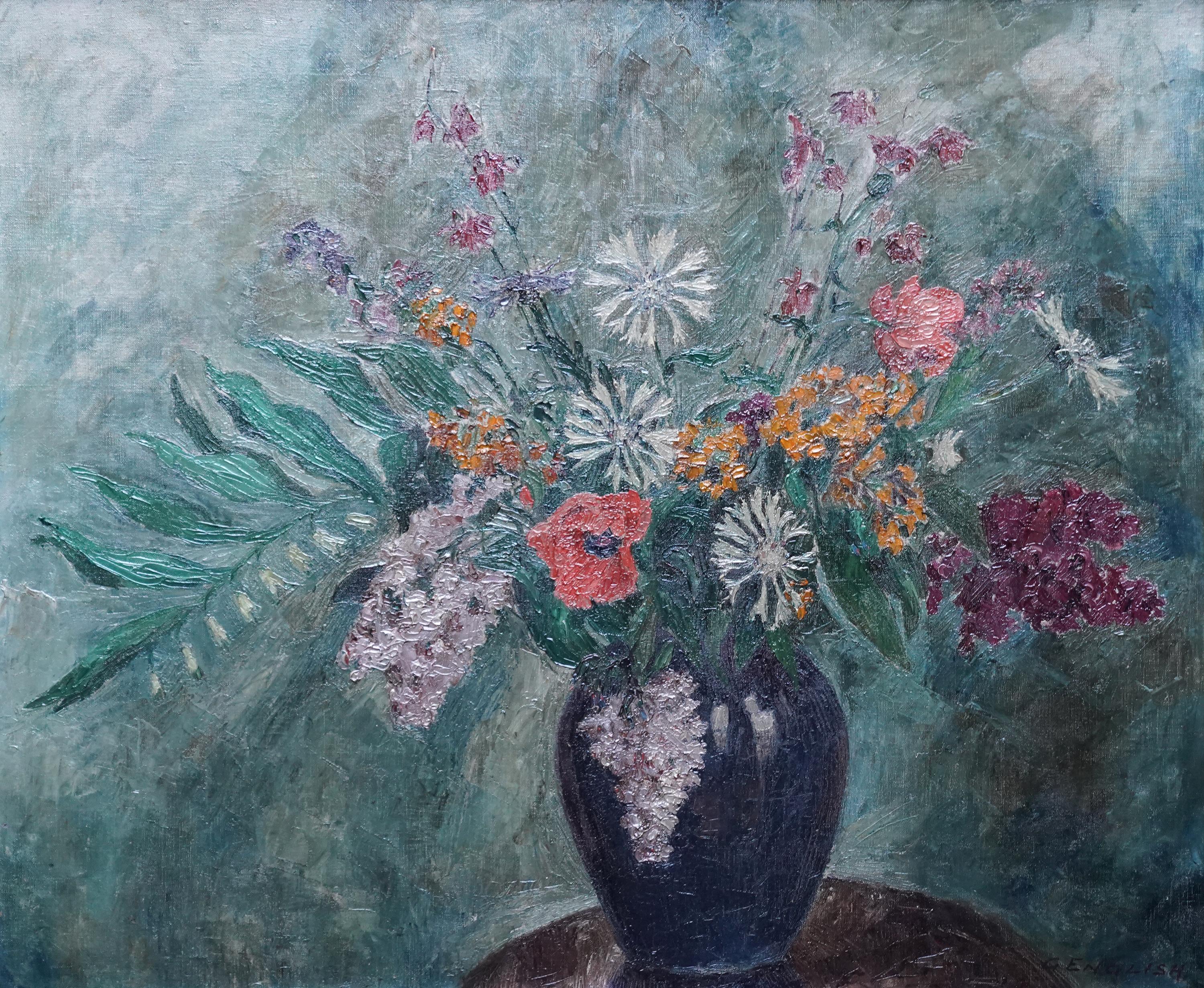 Fleurs dans un vase bleu - peinture à l'huile de nature morte florale des années 30 de l'école Slade britannique en vente 8