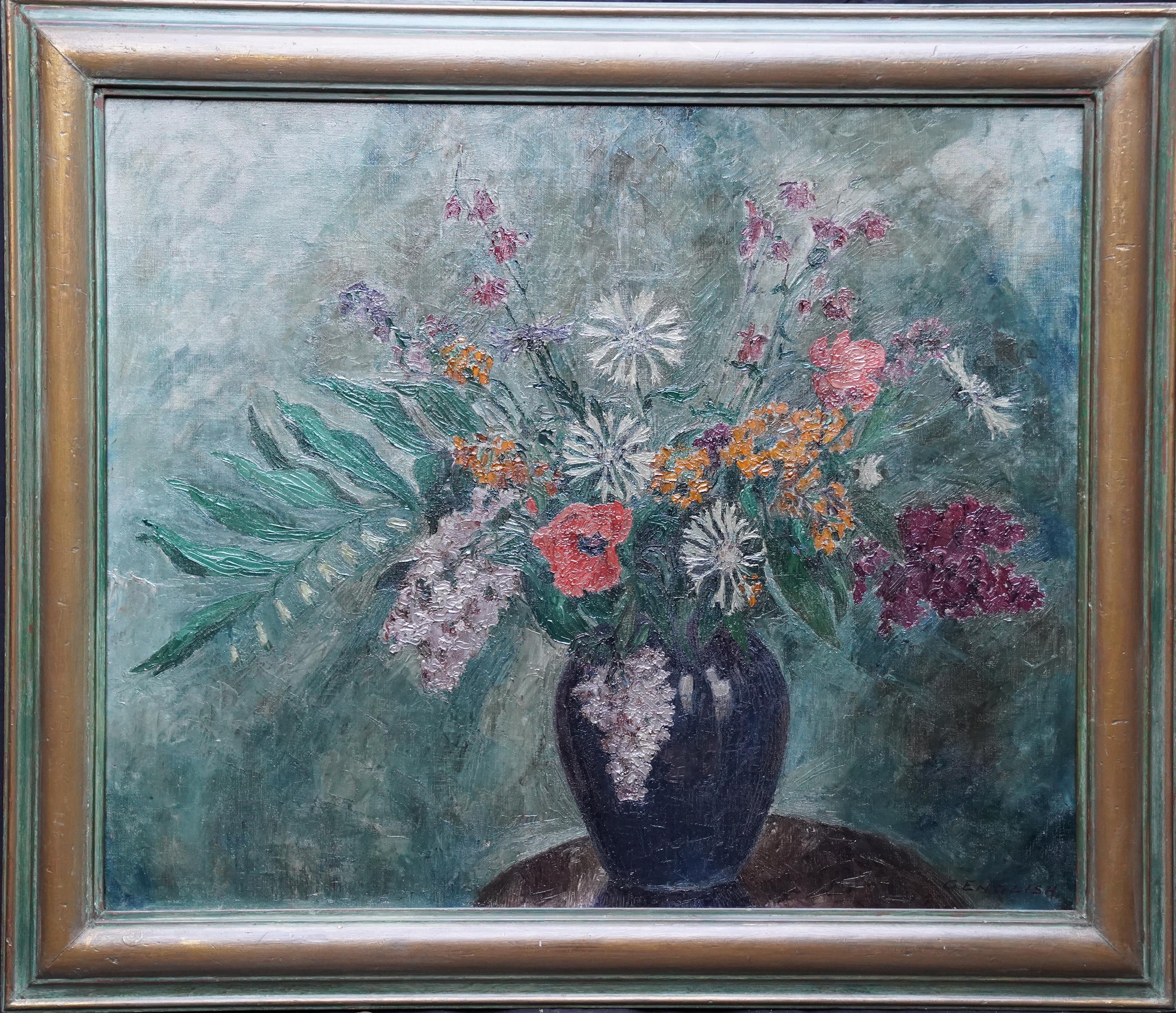 Blumen in blauer Vase - Britische Slade School 30er Jahre florales Stillleben Ölgemälde