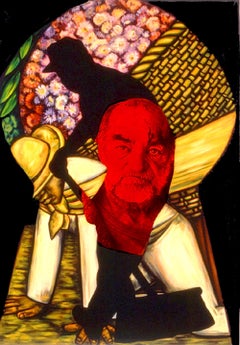 „Flower Vendor (Diego Rivera)“ Öl, Fotografie und Alkyd auf Leinwand, figürlich