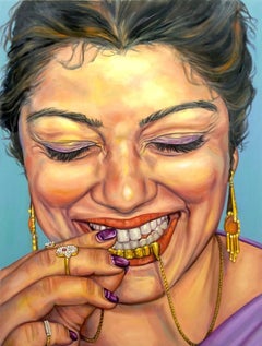 Jasmine Holding Gold Grill, Oil Painting, Canvas, Portrait, Signed