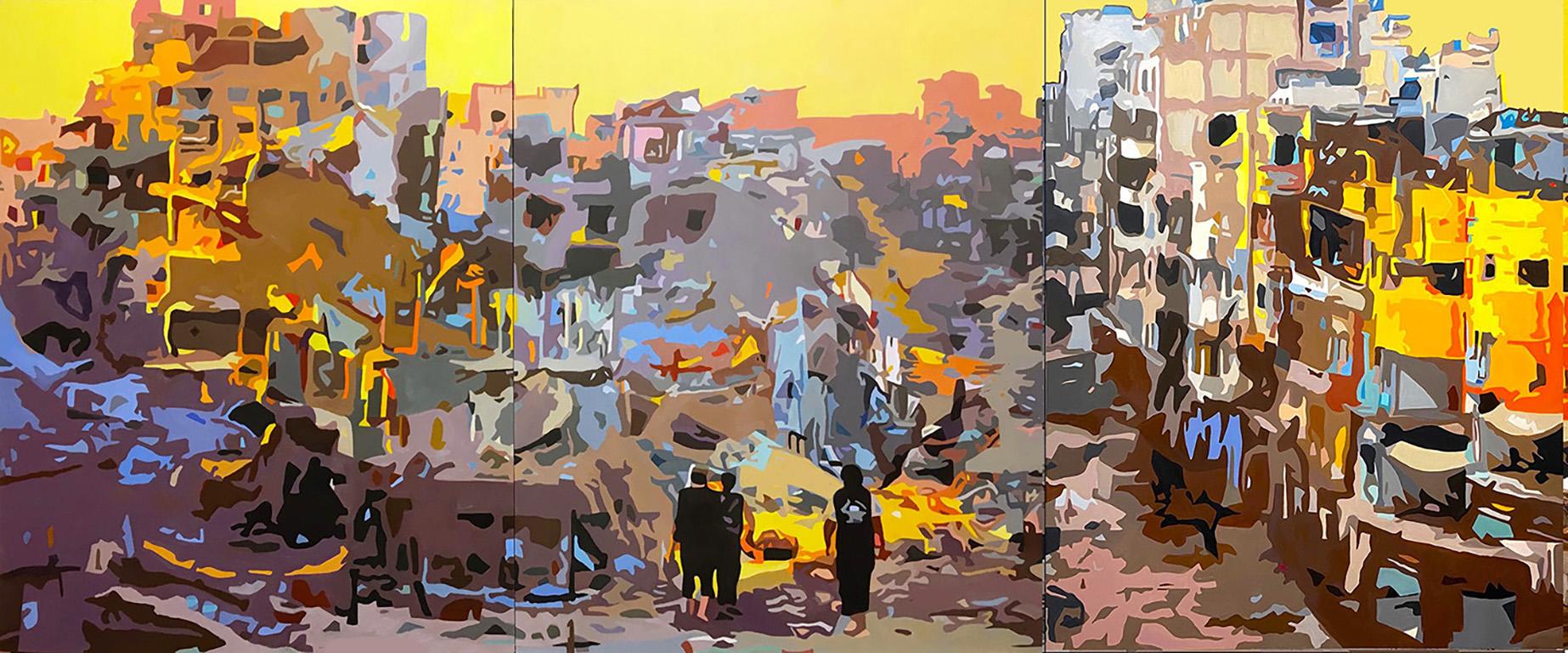 "Obliteration" Peinture à l'huile et à l'alkyde sur panneaux de bois, jaune, rouge, orange - Painting de Grace Graupe-Pillard
