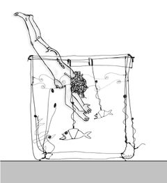 Diving Into Calder's Goldfish Bowl, Archival Ink, Figurative, Signed