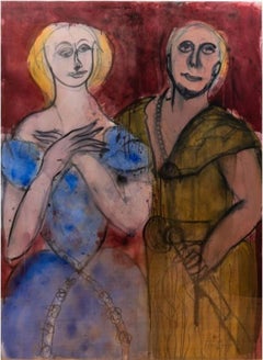 "Amina and Sigmund" Double Portrait, Abstract Expressionist Female, Watercolor