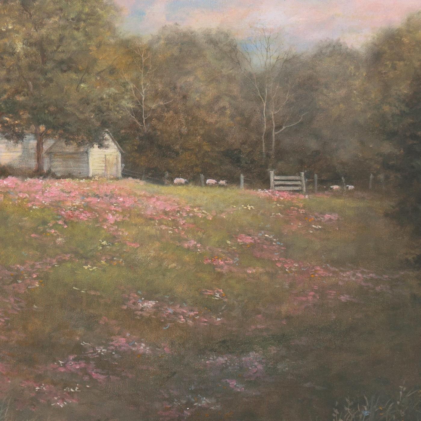 Signed lower right, 'G. Hedlund' for Grace LePage Hedlund (American, 20th century) and painted circa 1995.

An atmospheric, Impressionist oil showing a view of a traditional wooden farmhouse nestled in a grove of trees beyond a meadow with spring