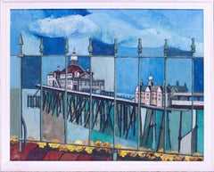 Eastbourne Pier, UK, oil on board by mid century female artist Grace Larner