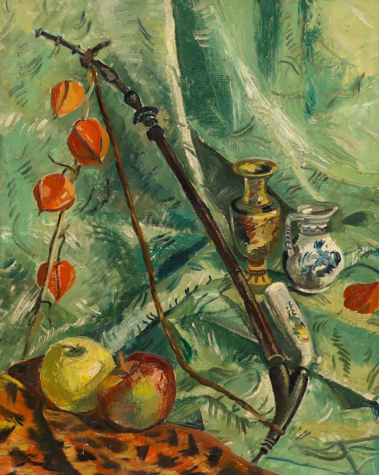 Grace Larner (1926-2022) - Olio, Natura morta con mele e lanterne cinesi 89 in vendita 1