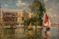 "View of Venice Canal" Orientalist & Impressionist Marine Oil on Canvas Painting