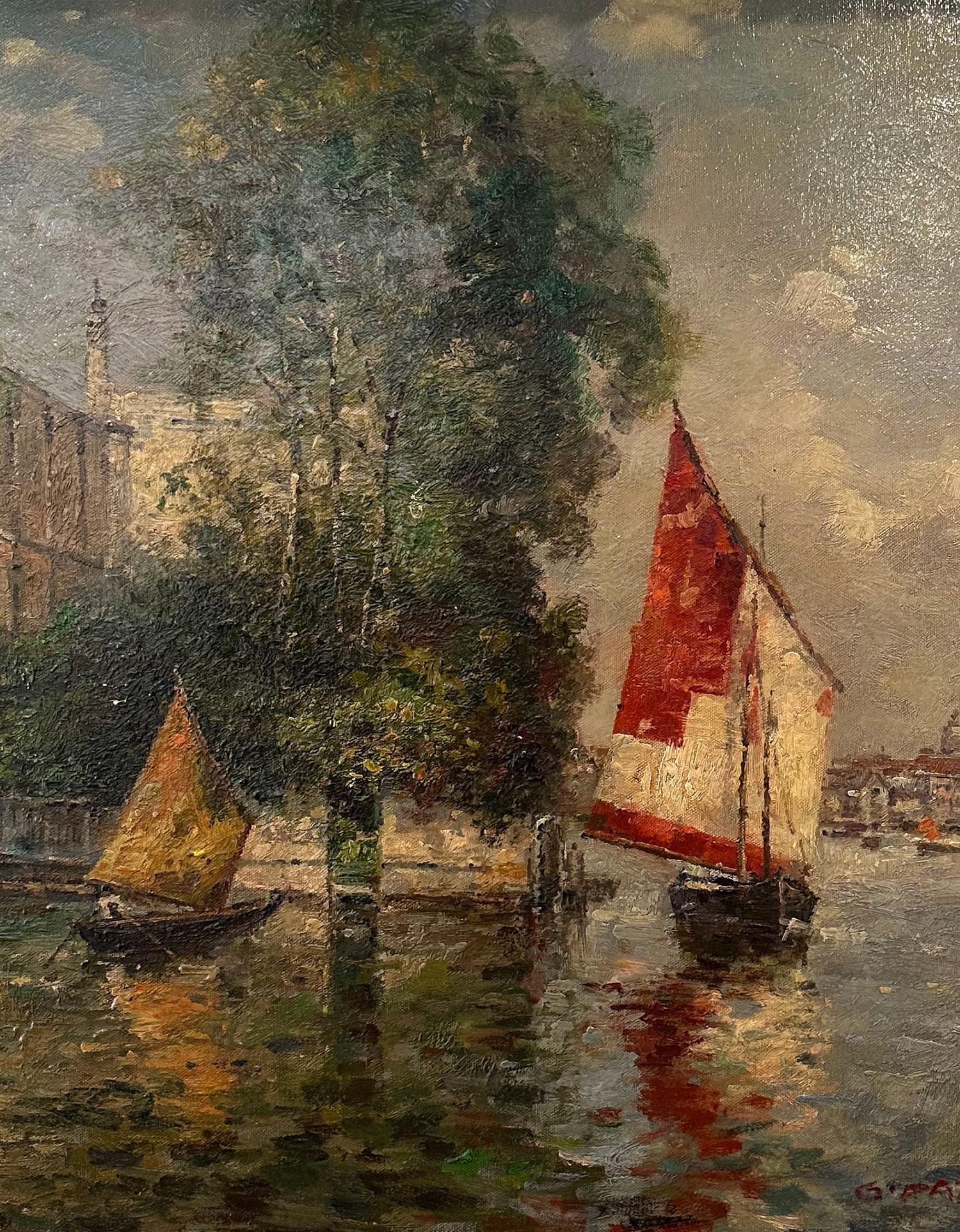 Un óleo magistral que representa una vista de un canal de Venecia, obra de Grace Paterson. Como pintora impresionista y orientalista, era conocida por sus detalladas obras que representaban escenas de la vida cotidiana y de la marina. También creó