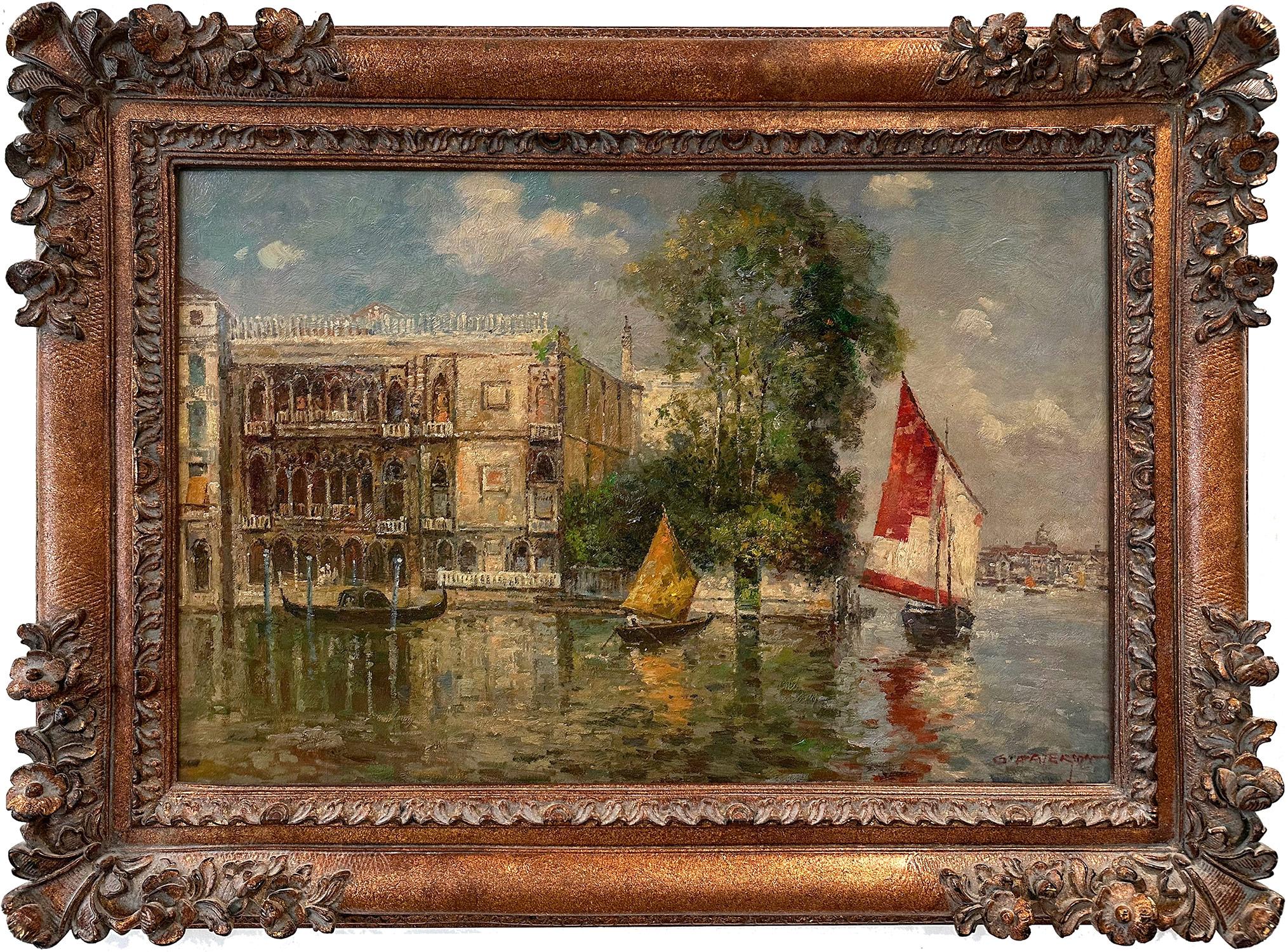 "View of Venice Canal" Orientalist & Impressionist Marine Oil on Canvas Painting