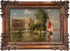 Antique "View of Venice Canal" Orientalist & Impressionist Marine Oil on Canvas Painting